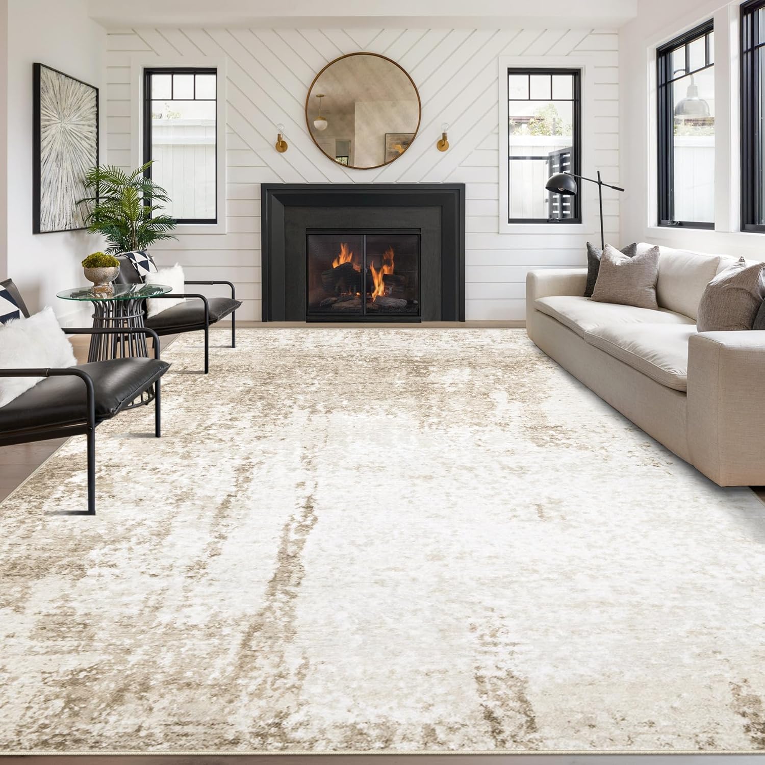 9x12 area rugs washable rug, soft modern abstract rugs for living room large low pile thin rug non slip indoor neutral carpet for bedroom dining room farmhouse office kids playroom beige beige 9' x 12' (rectangular)