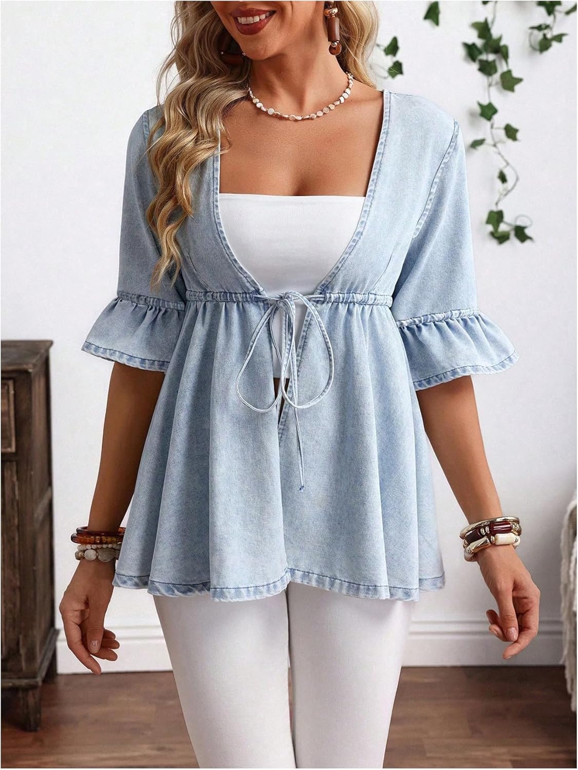 WDIRARA Women's Plus Size Tie Front Deep V Neck Denim Jackets Jean Peplum Outerwear