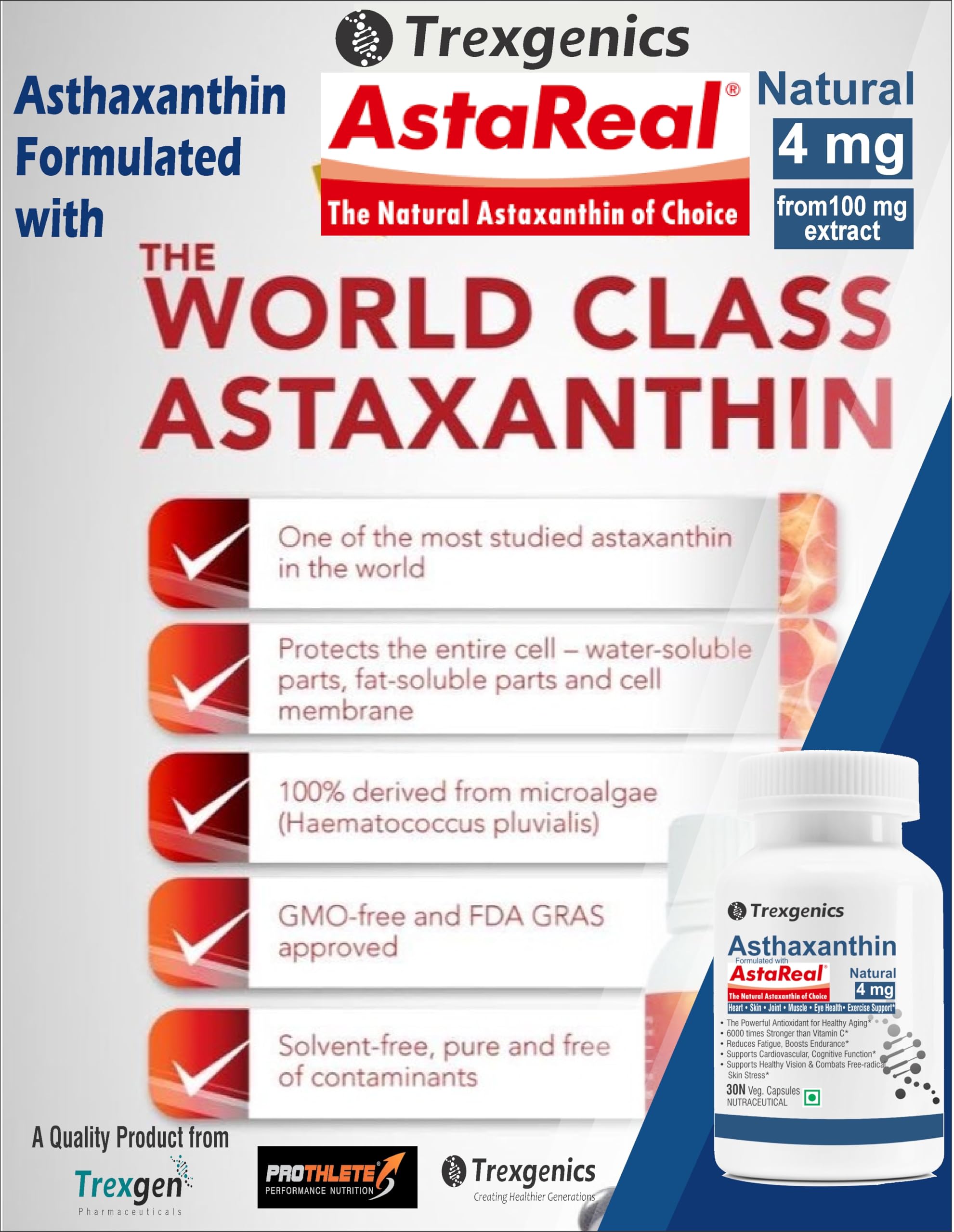 Trexgenics ASTAREAL Natural ASTAXANTHIN 4 mg from Japan (from 100 mg extract) Heart, Skin,Joint, Muscle, Eye, Exercise Support (30 Veg. Capsules) (30 Veg Capsules) - Image 5 thumbnail