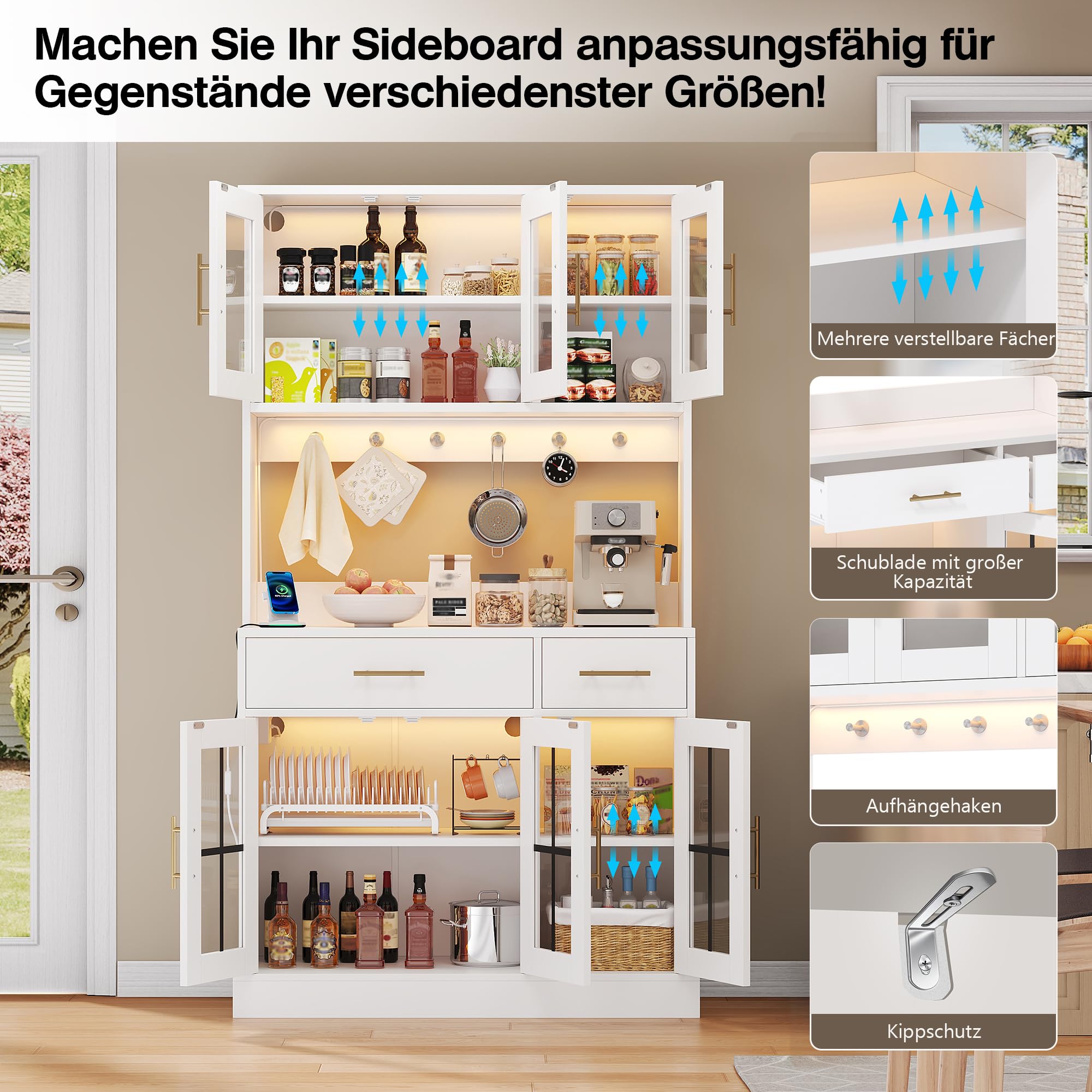 Küchen-Anrichte Weiß mit LED, Steckdose, 6 Türen & 2 Schubladen, 180x100cm