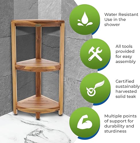 Miniatura 3 de EcoDecors Snazzy Corner Teak Shower Corner Shelf 33 Radius 18 Tall Natural Wood Corner Shower Seat Spa Bench with Shelf Corner Stool for Shower in