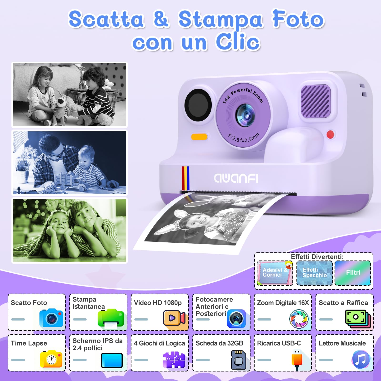 Macchina Fotografica Bambini Istantanea, 1080P Fotocamera Istantanea Bambino, 2.4 Pollici Fotocamera Digitale Bambini con Scheda da 32GB & Papier Photo, Regalo per Ragazze Ragazzi da 3-12 Anni
