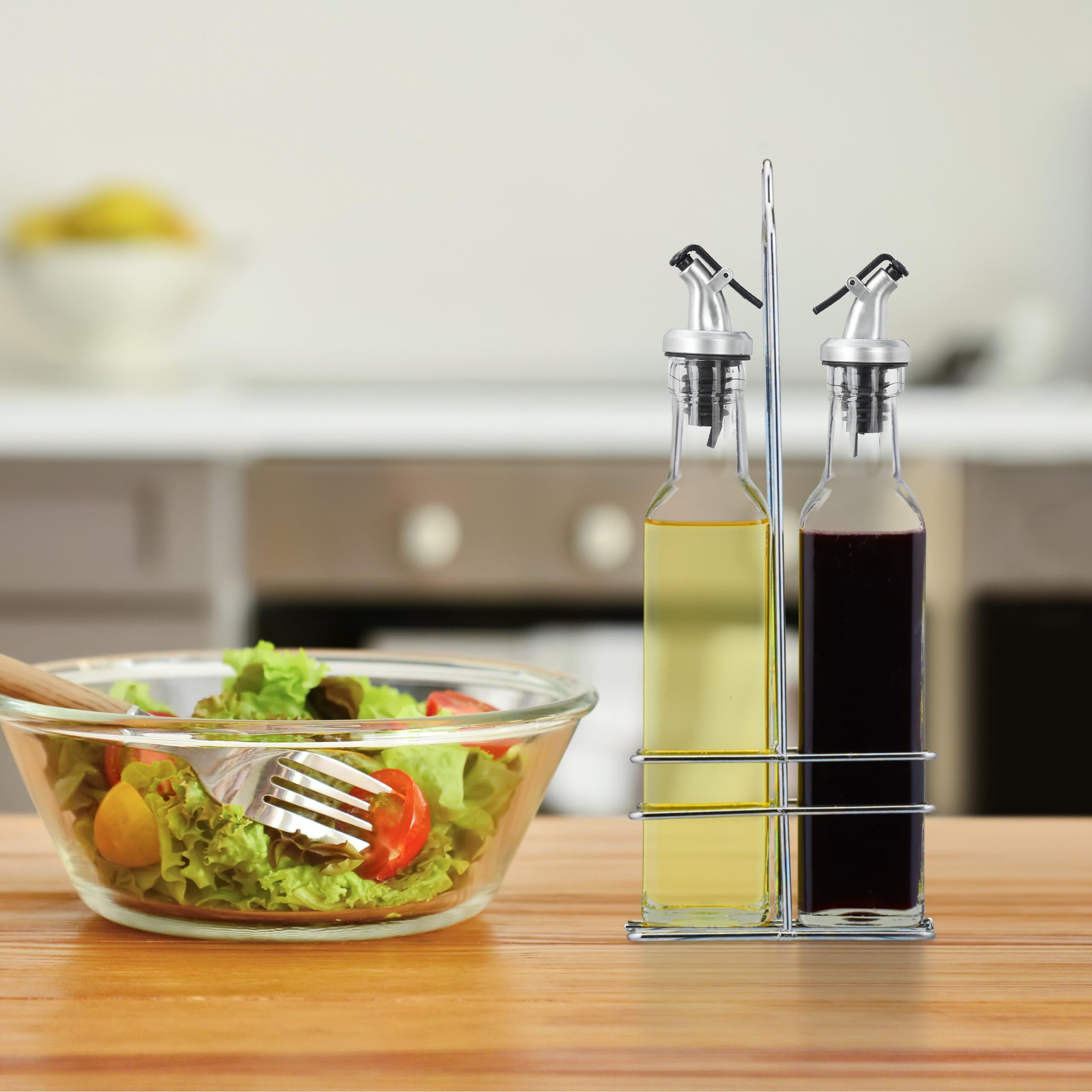 Relaxdays Dozownik octu i oleju, 300 ml butelki szklane, nalewak, oliwa z oliwek, winegret, 2 x butelka na olej, przezroczysta
