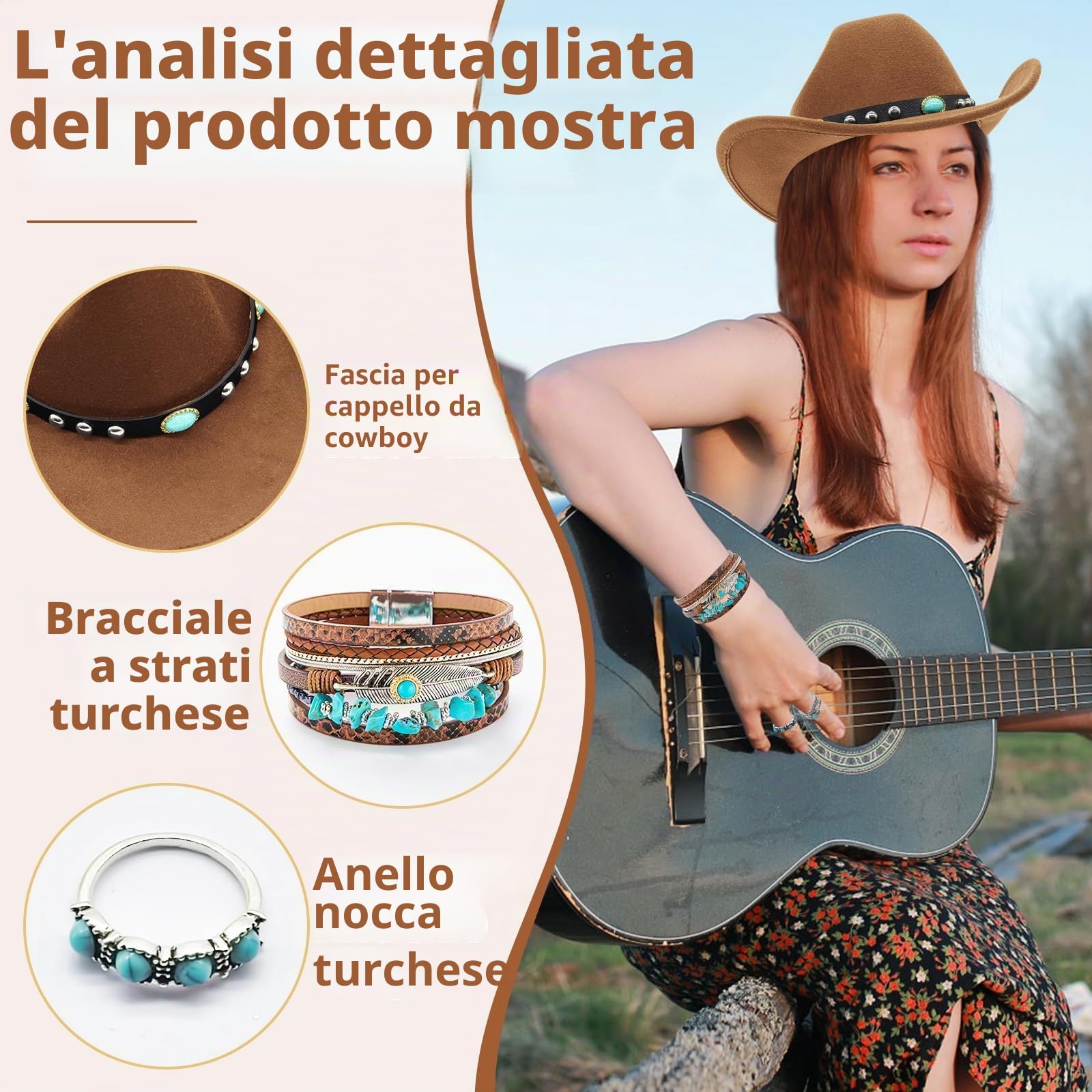 Set di 7 accessori per costume da cowgirl occidentale da donna, con gilet in nappa, cappello da cowgirl, orecchini, anelli, bracciali per carnevale, Halloween, cosplay
