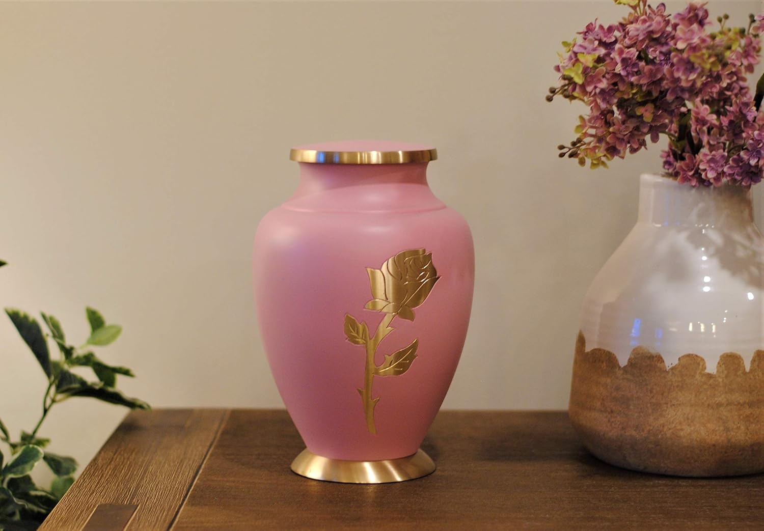 Today's A Gift Store Blush Pink Brass Cremation Urn, Elegant Rose Engraved Adult Urn, Secure Burial Urn, Handcrafted Memorial Urn with Golden Accents, Large Funeral Urn for Human Ashes (10.75 Inches)