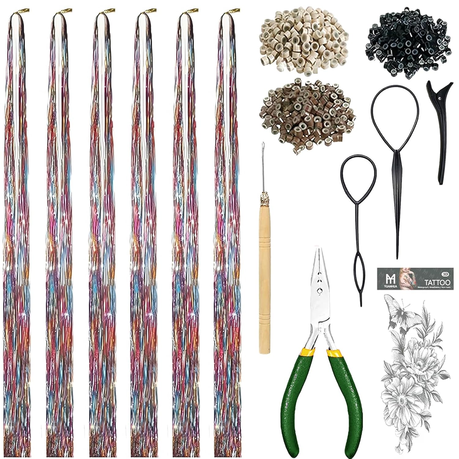 Hair Tinsel Kit, Fairy Tinsel Hair Extensions With Tool 8000 Strands 24Colors Holographic Heat Resistant Sparkling Hair Glitter (8000 Strands 48 Inch, 24 Colors)