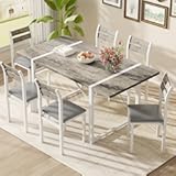 Recaceik Dining Table Set for 6&comma; 55&OpenCurlyQuote;’ Wooden Dinner Table Set for 6 with Upholstered Dining Room Chairs&comma; Farmhouse Kitchen Table and Chairs Grey