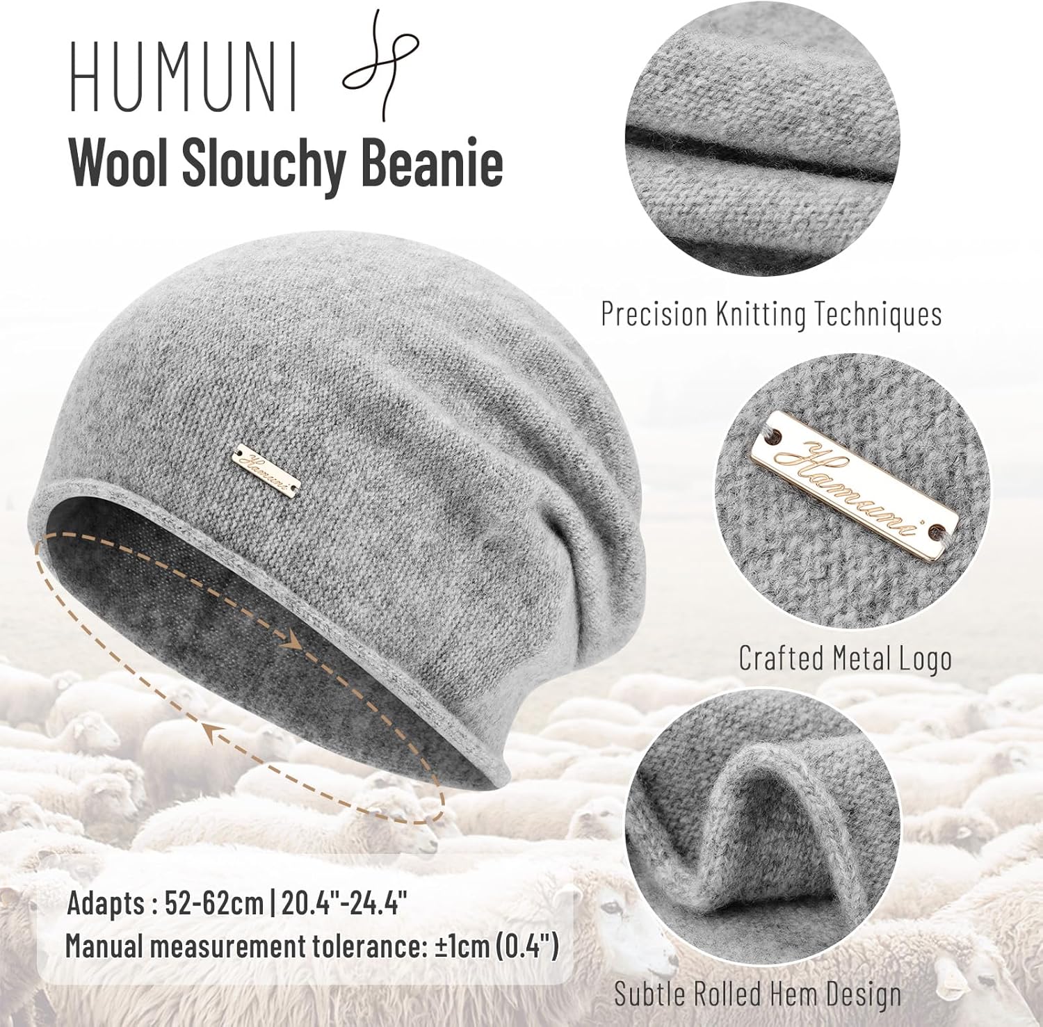 100% Wool Slouchy Beanie, Warm Beanie Hats for Women Breathable Knitting Skull Beanies Cap for Spring Fall Winter - Image 3