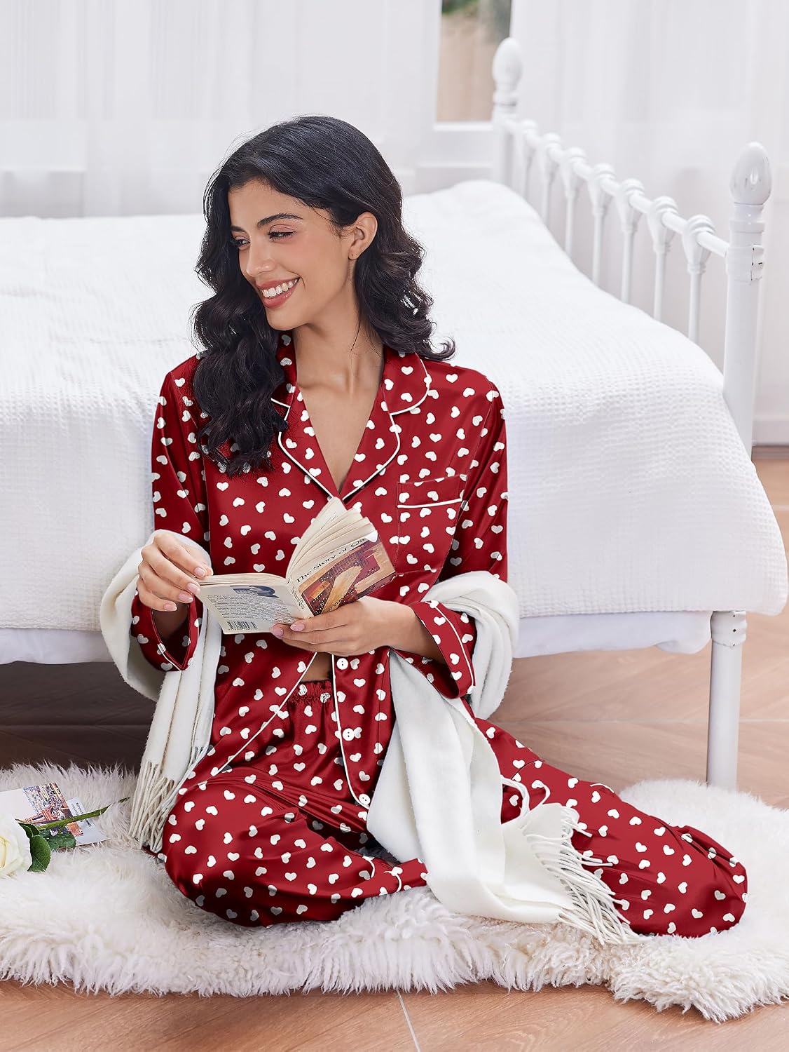 Ekouaer 2 Pack Satin Pajamas Set for Women Classic Button Down Silk Pjs Set Soft Sleepwear