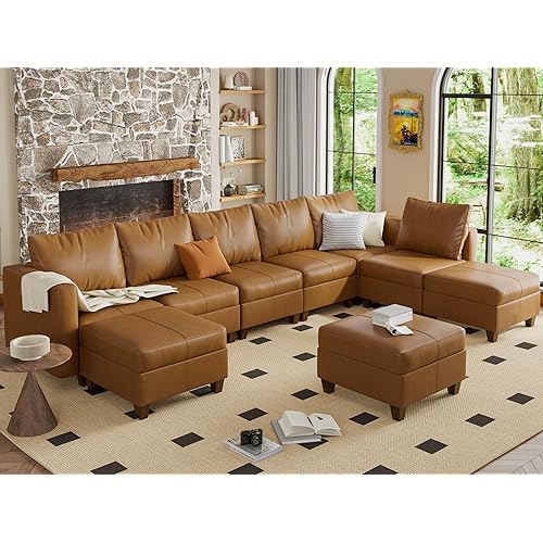 EASE MOOSE Modular Sectional Sofa U Shaped Couch with Storage Ottomans, Faux Leather Modular Sofa Sectional Couch with Reversible Chaises, Brown
