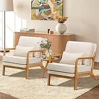 MALOL Mid-Century Accent Chair Set of 2, Beige - Solid Wood Frame, High-Back Lumbar Pillow, 330lbs Capacity for Living Room Reading