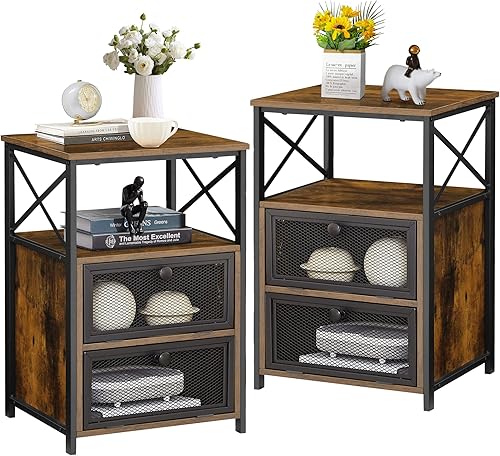 Miniatura 8 de VECELO, Mesitas de noche modernas con cajón de almacenamiento y estante, mesita de noche para dormitorio, sala de estar, 2 mesas auxiliares, marrón