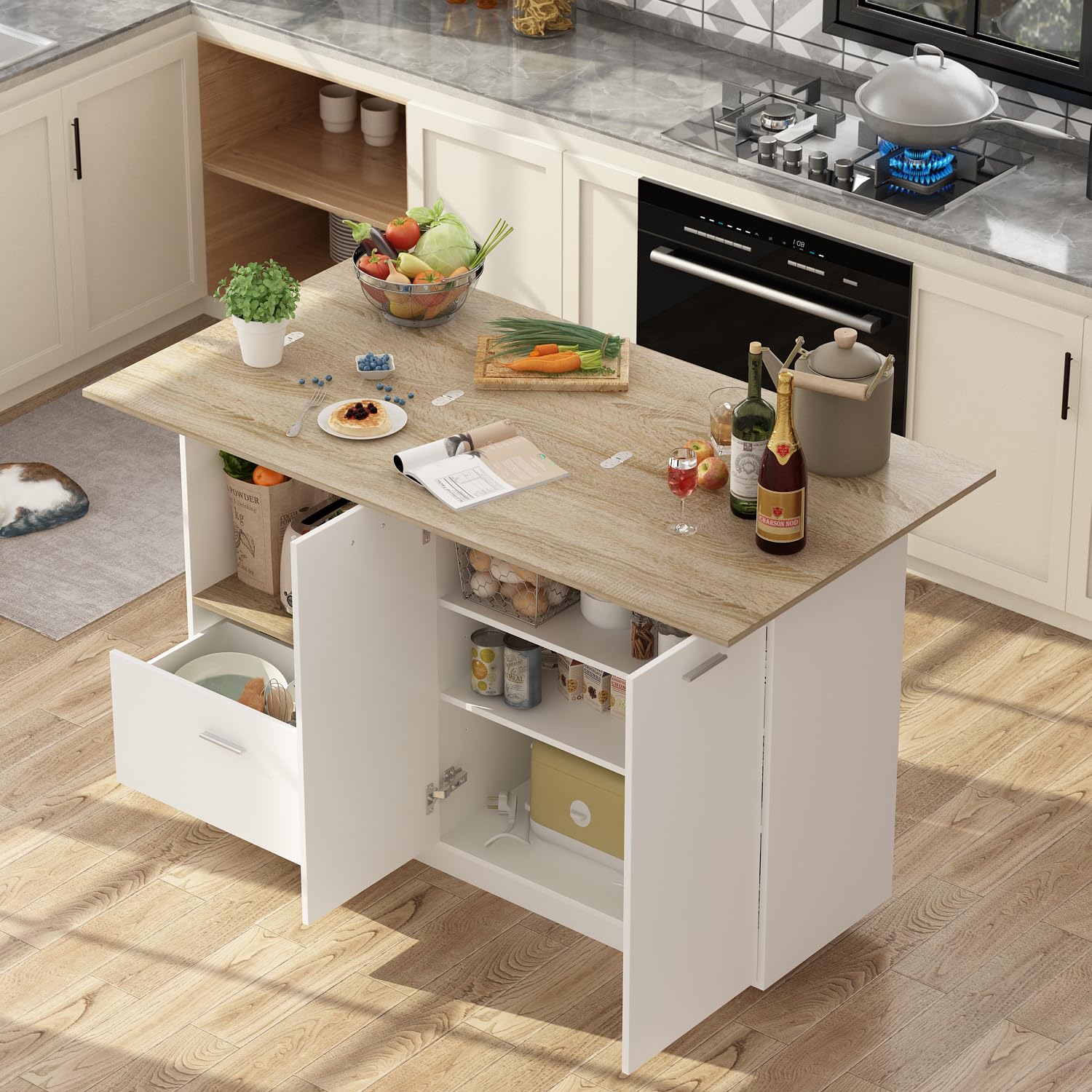Kücheninsel mit Arbeitsplatte, Küchenschrank mit schubladen, Kücheninsel mit Verstellbare Regale, Buffetschrank, Holz&Weiß, 150 x 91 x 80 cm, MDF