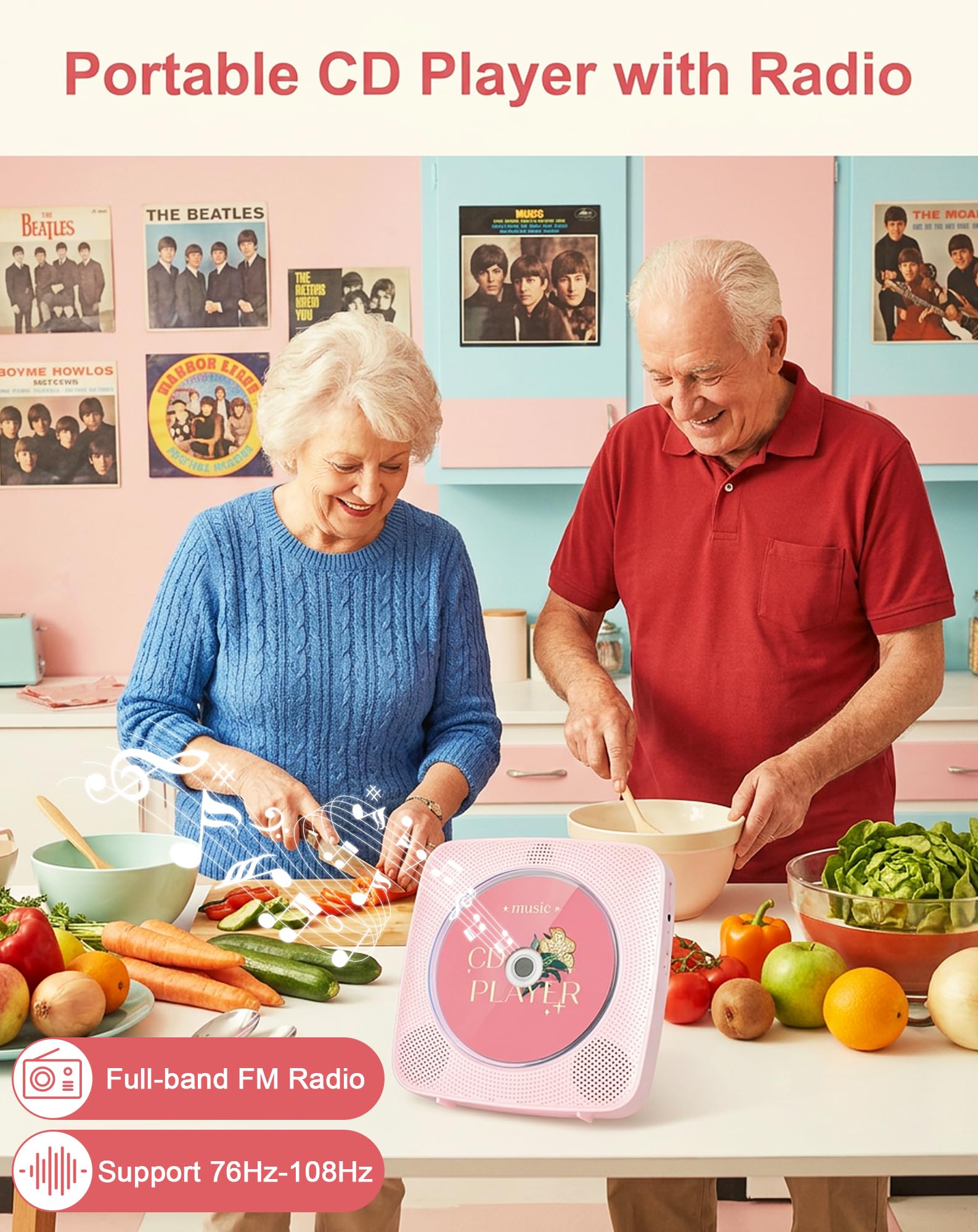 CD Player Tragbar Bluetooth Radio mit CD-Player mit Lautsprecher Unterstützung USB & AUX-Wiedergabe mit Fernbedienung Staubschutzhülle Rosa