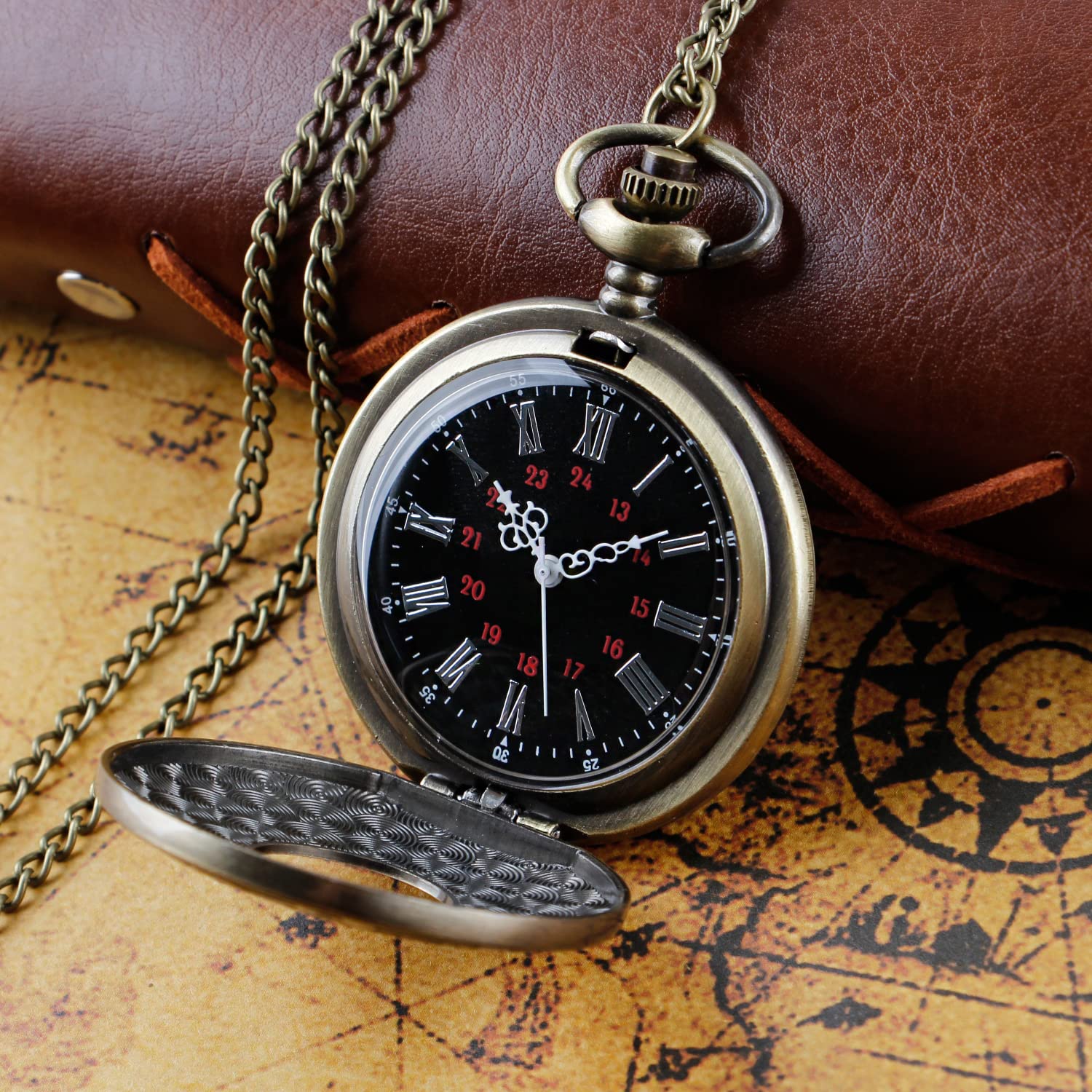 zegarek kieszonkowy， Vintage Roman Number Quartz Steampunk Zegarek kieszonkowy z łańcuszkiem dla mężczyzn Urodzinowe prezenty świąteczne(Bronze)