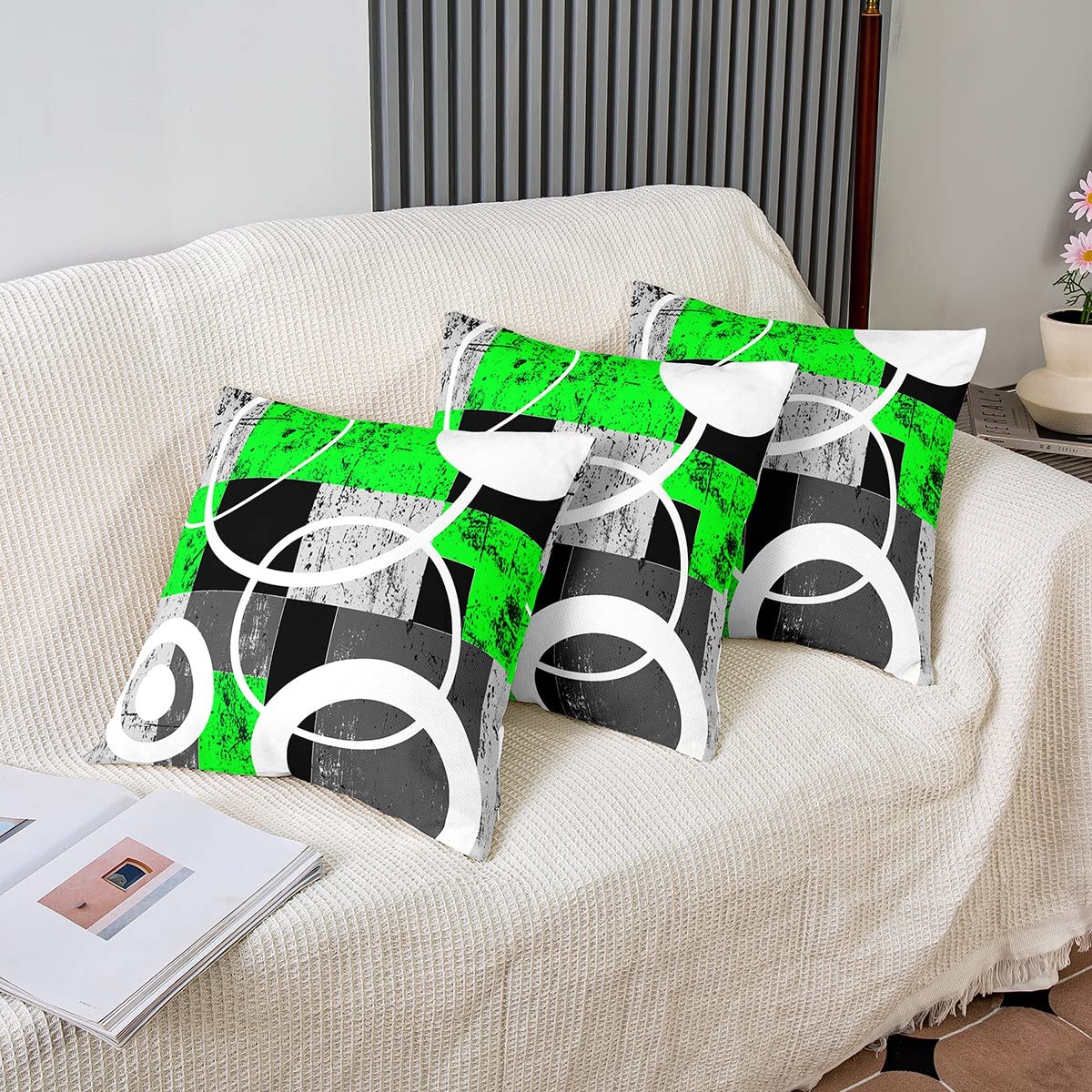 Juego de 4 fundas de almohada geométricas modernas de arte abstracto para decoración del hogar, sala de estar, reversible, verde, gris, negro, geométrico, 20 x 20 pulgadas