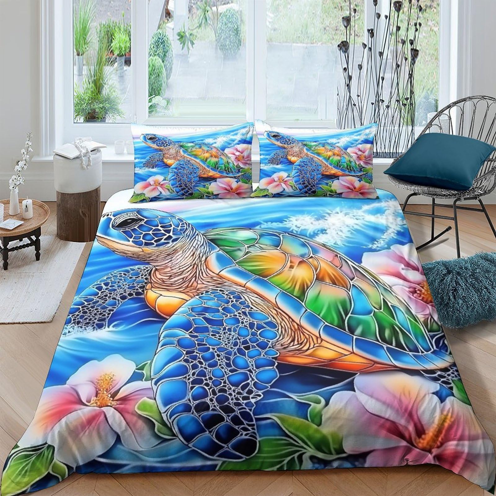 Ctjqhvkz Style-7 3D Printed Sea Turtle Fitted Sheet Microfiber Soft Ocean Flower Mattress Cover For Bedroom Guest Room Decor Single（135X200cm）