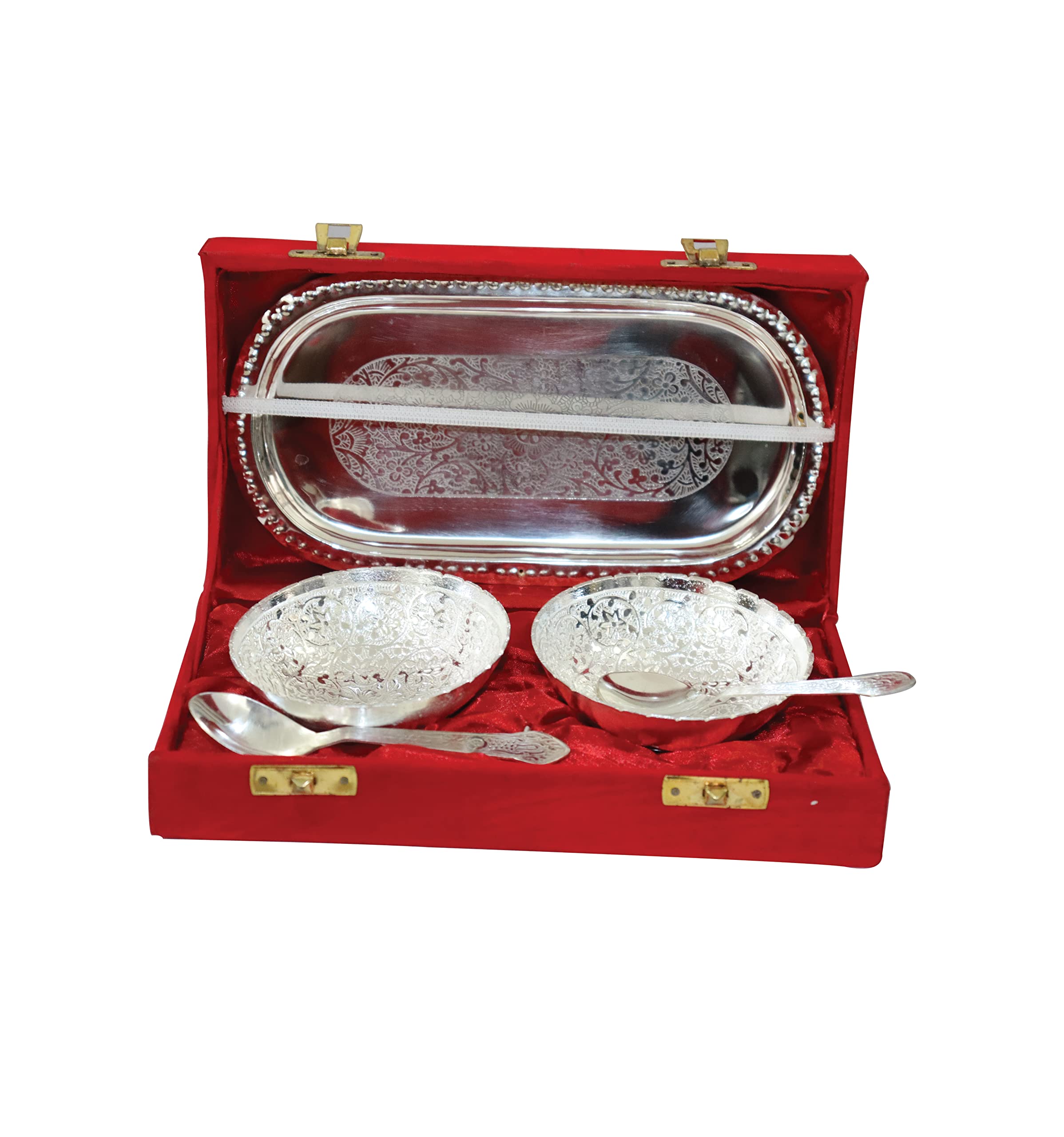 Universal Hub® Annaprashan Bowl with Tray and Spoon Set of 5 Pcs Silver Plated Baby First Feeding Serving Set Indian Crafts Serving Plates Round Dinnerware Bowl with Decorative Box Religious Gifts