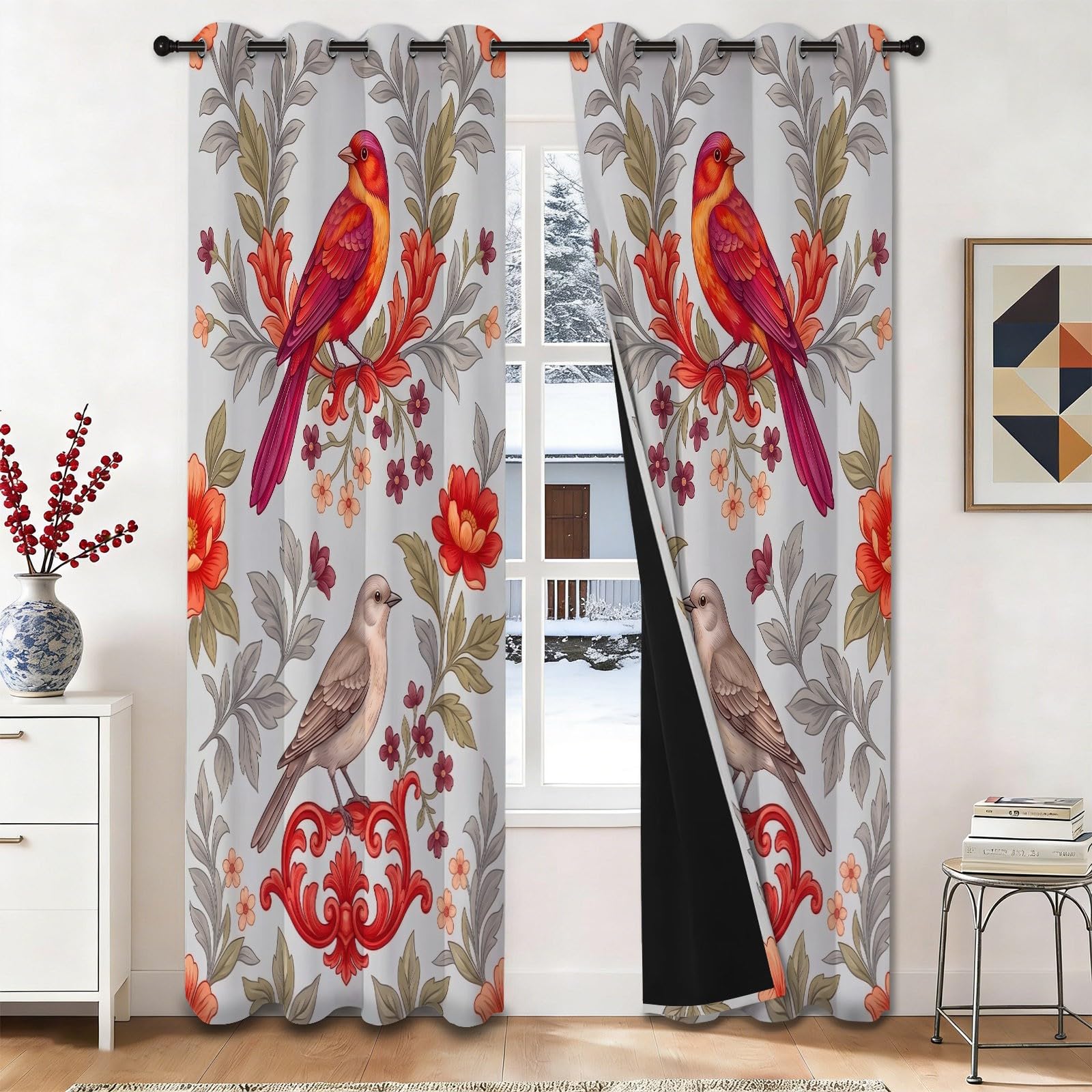 Zasłony zaciemniające szer. 117 cm x dł. 183 cm do sypialni, salonu, wzór ptaków, styl vintage, kwitnący las, zasłony z przelotkami, izolacja termiczna, redukcja hałasu, zasłony okienne, 2 panele
