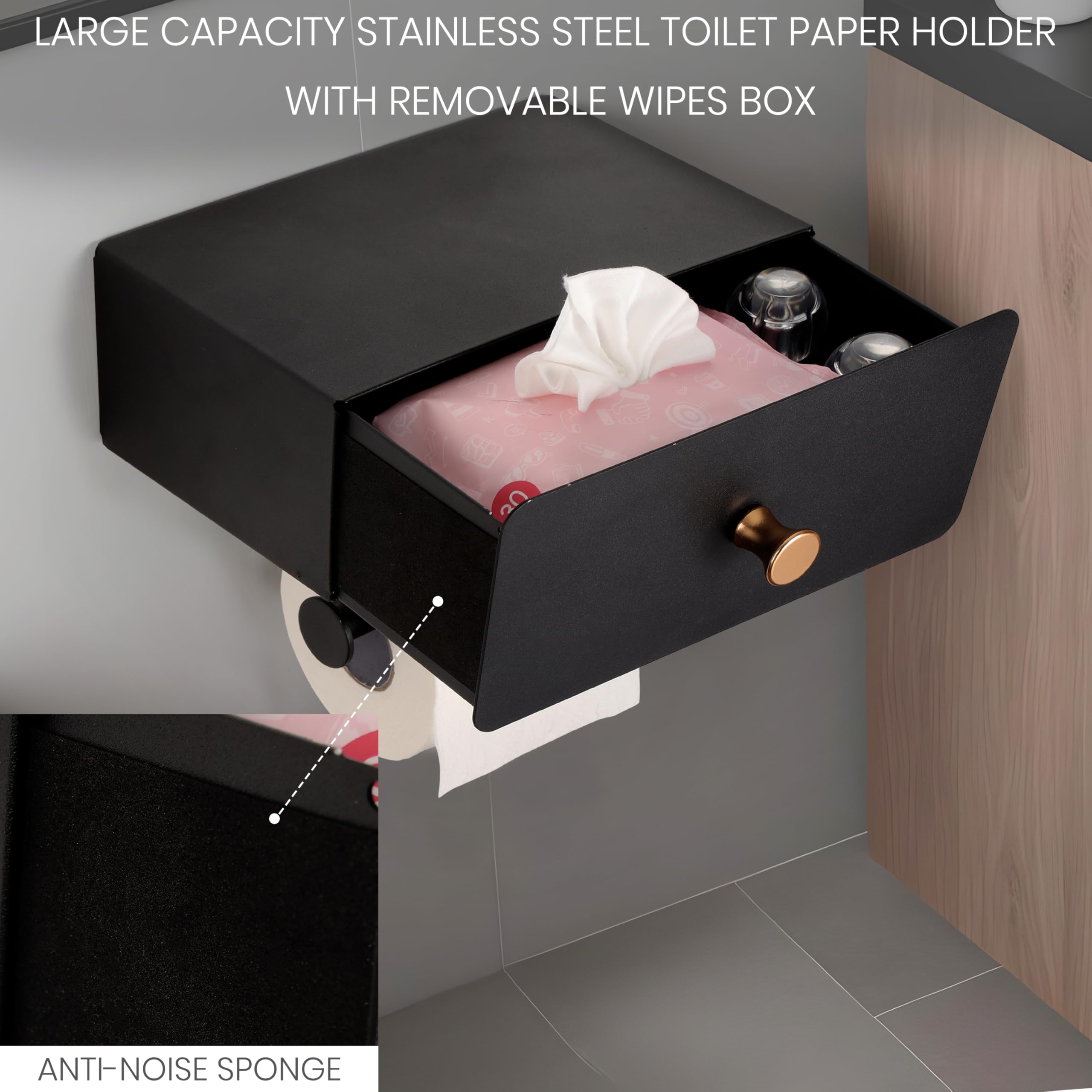 Belle Vous Toilet Paper Holder with Shelf & Drawer, Wall-Mounted Stainless Steel Toilet Roll Holder for Bathroom - Image 3