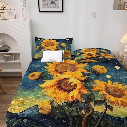 Miniatura 8 de Starry Night Sábanas tamaño individual XL, sábanas de bosque, sábanas y fundas de almohada estampadas de 3 piezas, sábana bajera ajustable de