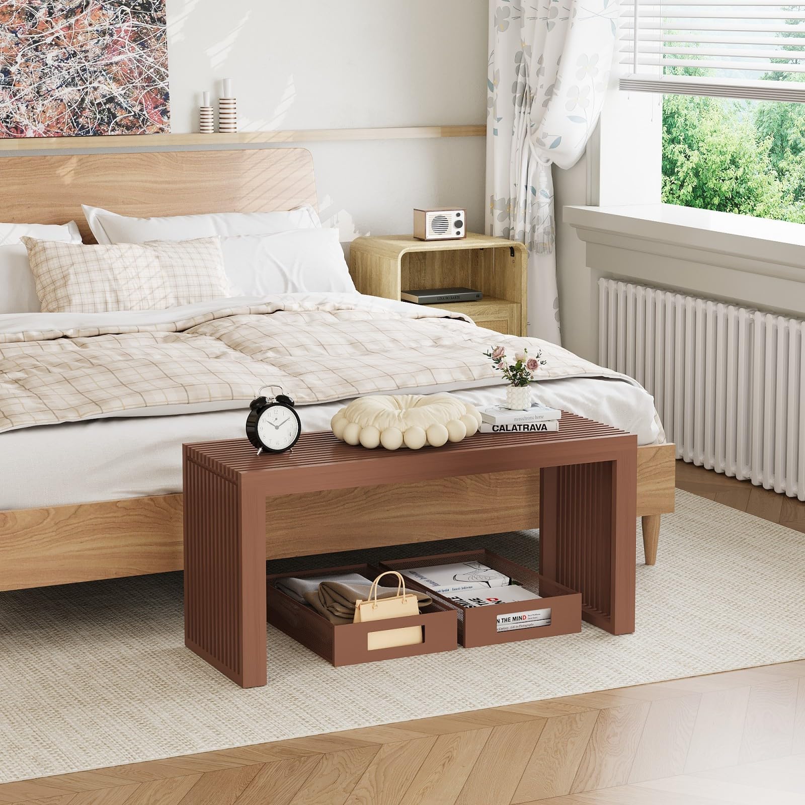 APRTAT Bamboo Dining Bench 35 Inch Indoor Wooden Shoe Benches for Entryway | Entryway Shoe Rack Bench.,Solid Bamboo Benches,for Living Room, Hallway, Bedroom, Bathroom,Easy Assemble,Slatted Design,