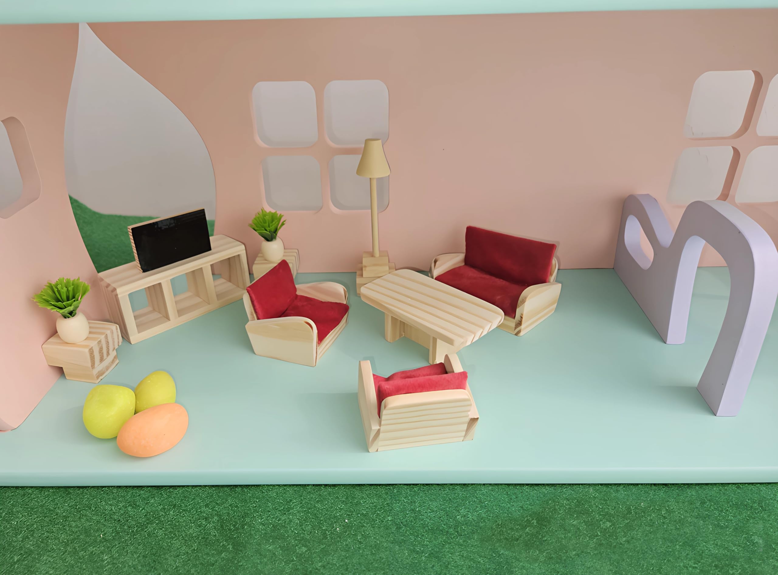 Dollhouse Accessories Doll House Furniture Set (Wooden): Drawing Room - Kitchen - Bedroom - Toilet (Drawing Room Simple)