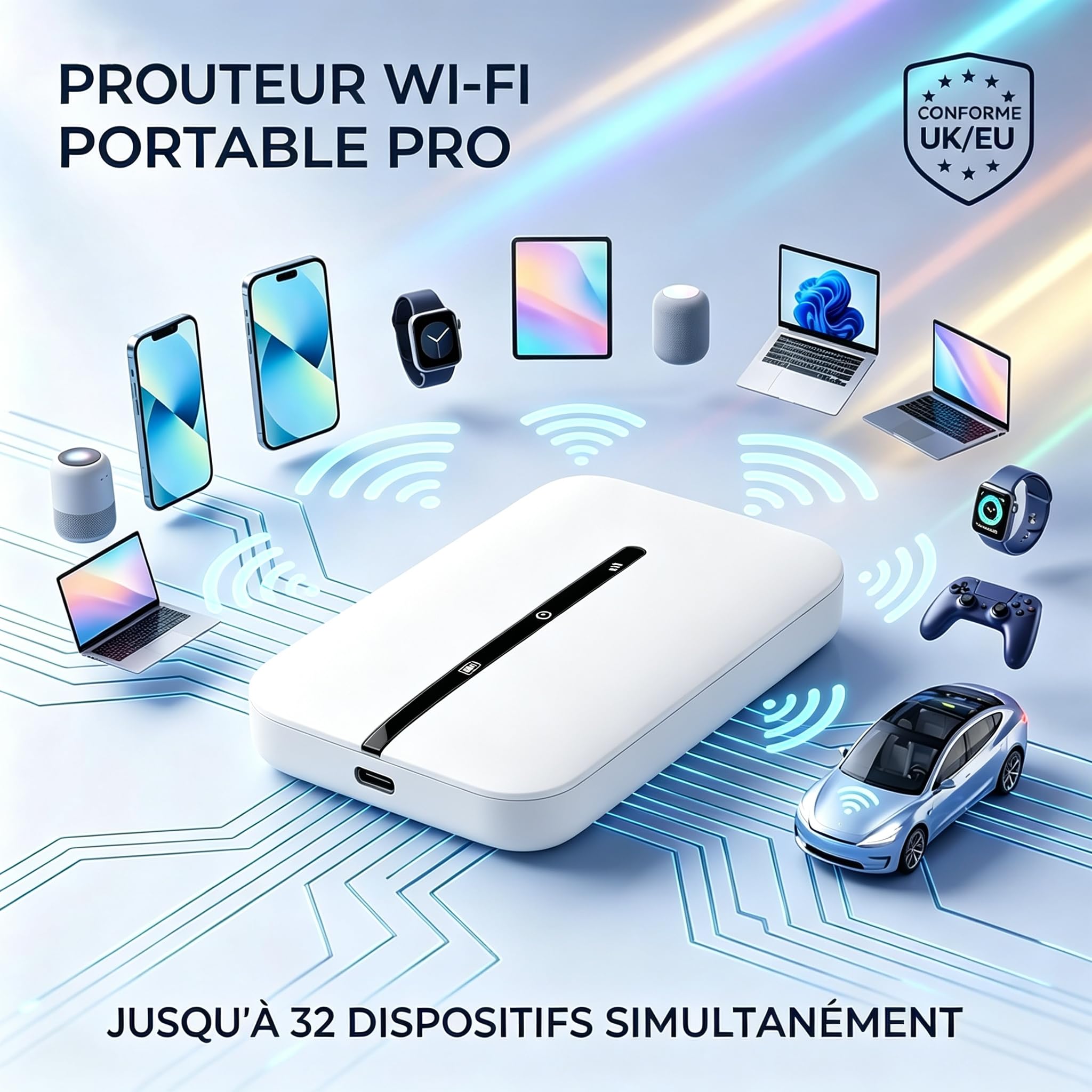 Routeur 5G Portable WiFi 6 Déverrouillé avec Emplacement SIM, Modem Internet Mobile Haut Débit 5G/4G+, Connexion Jusqu'à 32 Appareils Hotspot Mobile, Idéal Voyage et Télétravail
