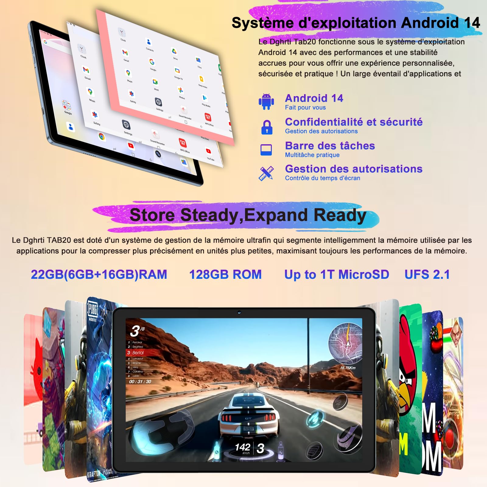 Dghrti Tablet Android 10,1 Pulgadas, 22GB RAM+128GB ROM/TF 2TB, 8000mAh, 8-Core CPU, Face ID, Widevine L1, WLAN 6, BT5.0, GPS, 5MP+8MP, Teclado Incluido Conjunto Ratón-Gris — view 3