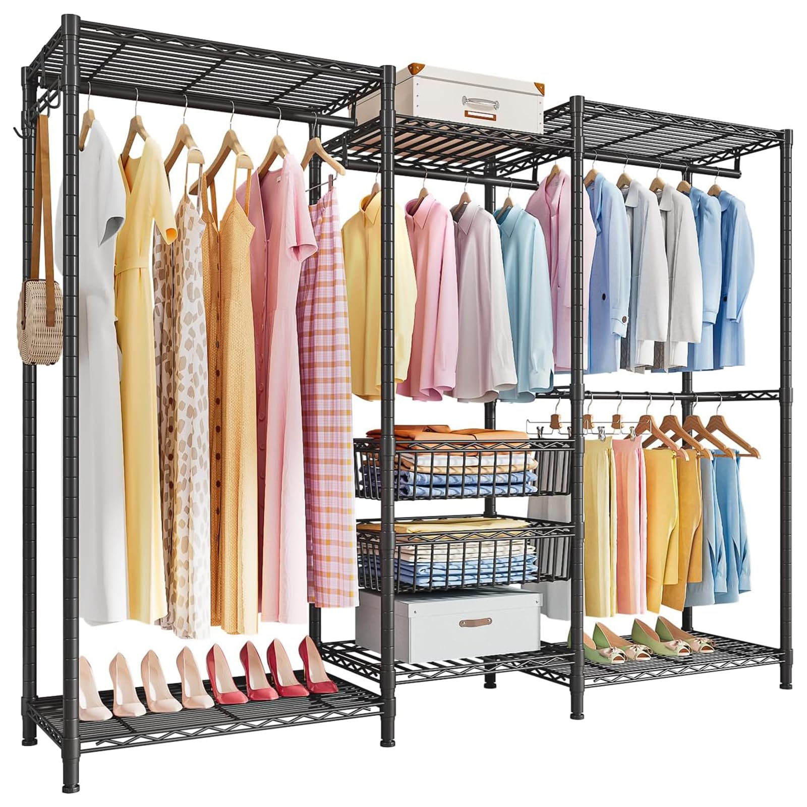 Perchero Metálico de 4 Niveles, Riel para Ropa de Alta Resistencia con Estantes, Carga Máxima 500 lbs, Organizador Grande para Ropa, Negro