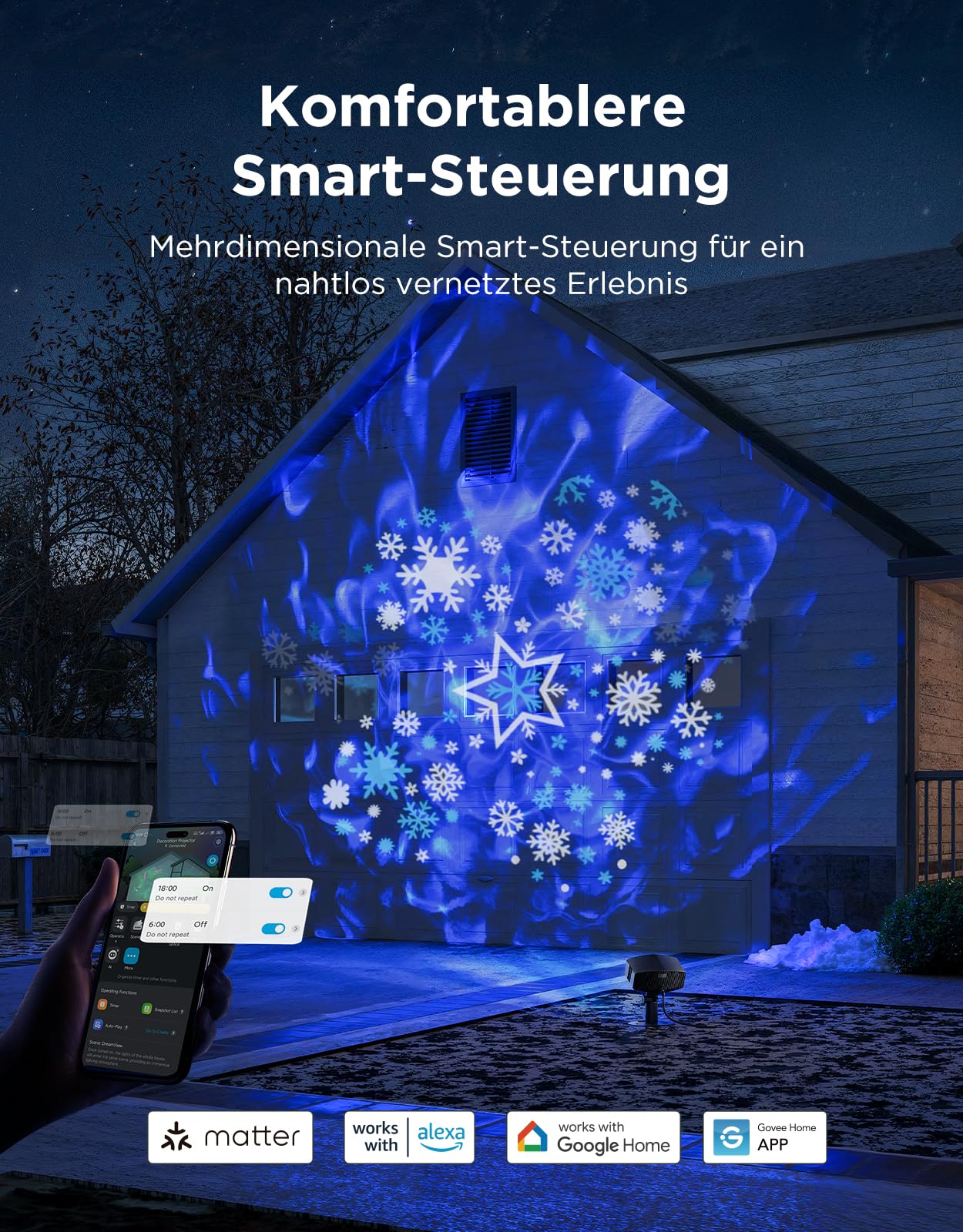 Govee Led Outdoor Schneeflocken Projektor, RGBW Wasserwellenprojektor mit 20 Gobos, IP67 Wasserdicht Projektionslampe, 58 Szenenmodi für Festivals, Funktioniert mit Alexa, Matter, Google Assistant