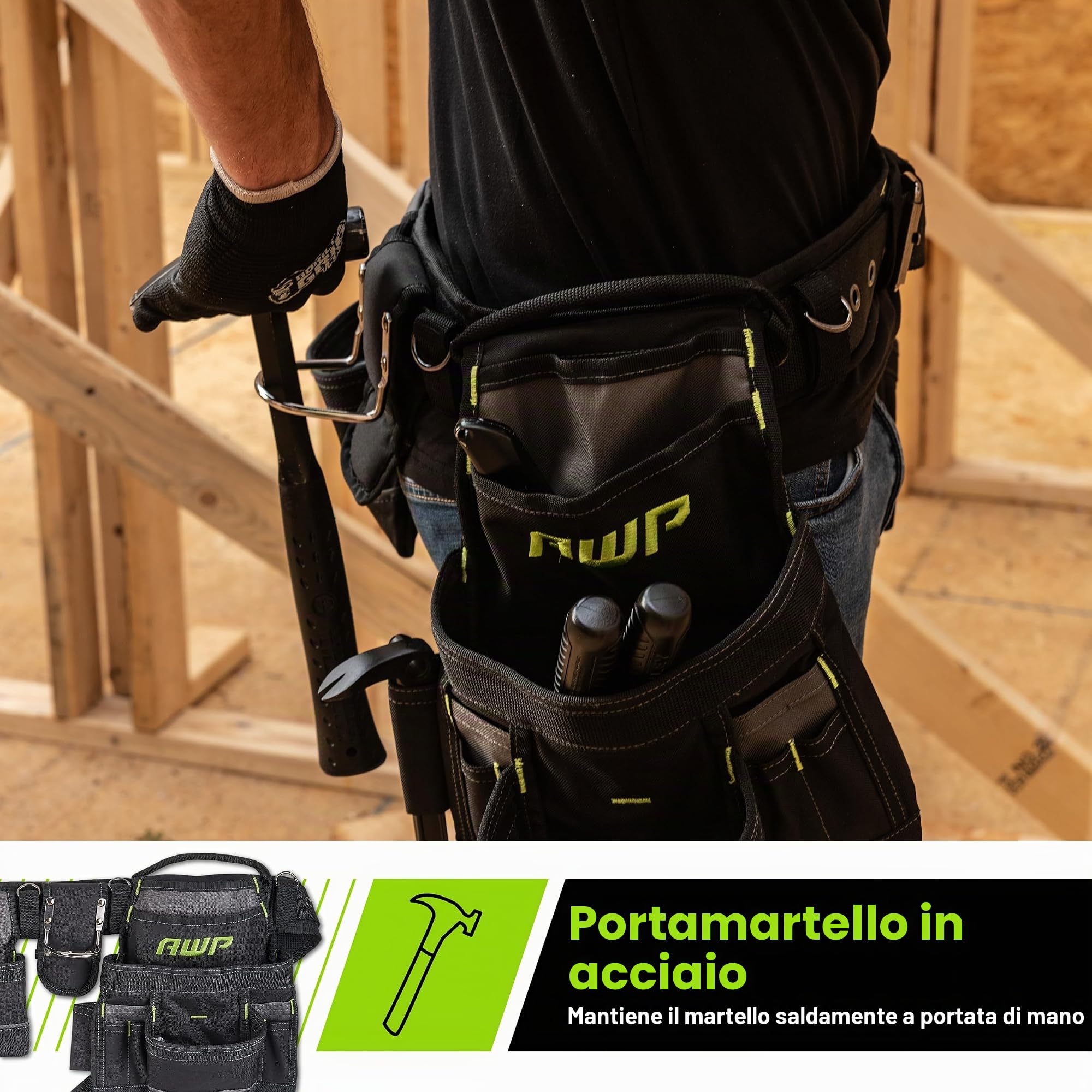 AWP Carpenter Tool Rig con maniglie per il trasporto, cintura per attrezzi premium, cintura imbottita in rete aerea adatta a vita fino a 50 pollici