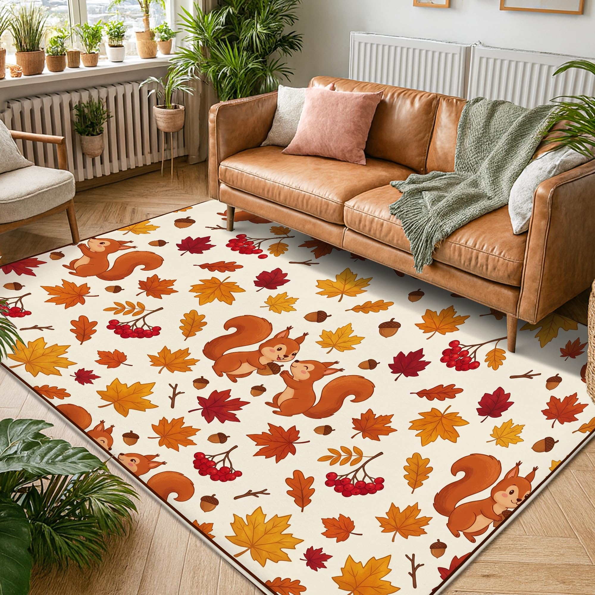 Alfombra de área de ardilla, inspirada en la naturaleza, hojas de arce, bellota, otoño, marrón, de pelo bajo, estética, rectangular, alfombra para el hogar, sala de estar, dormitorio, debajo de la