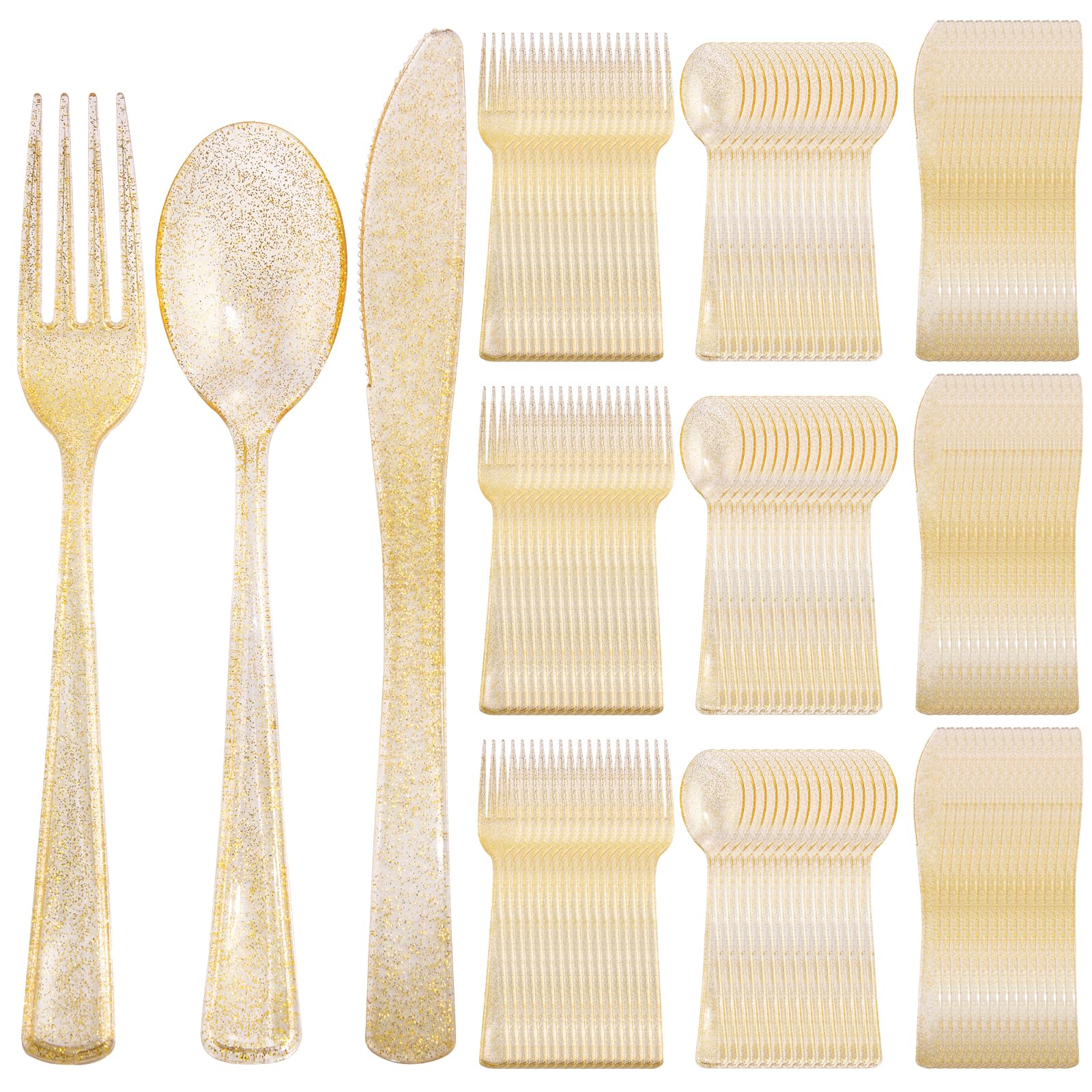 Supernal 300pcs Gold Glitter Plastic Cutlery Disposable Utensils Gold Plastic Silverware Sets Include 100 Forks, 100 Spoons & 100 Knives Serves for 100 Guests Suitable for Party,Thanksgiving