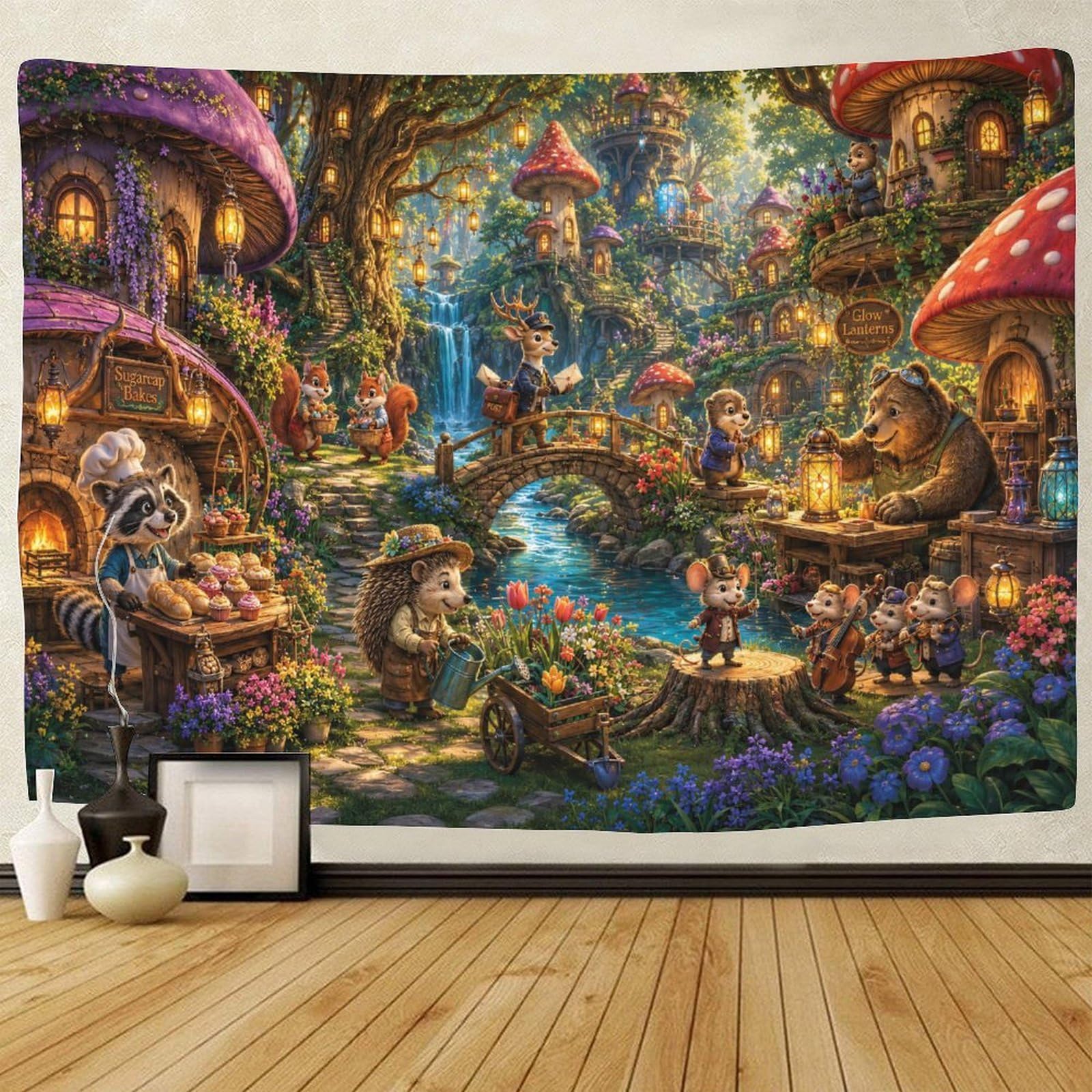 GPMNBCXZK Mushroom Village Animals 3D Print Wall Tapestry Wall Art Decor Tapestries Home Decoration Curtain Living Room College Dorm 150cmx200cm