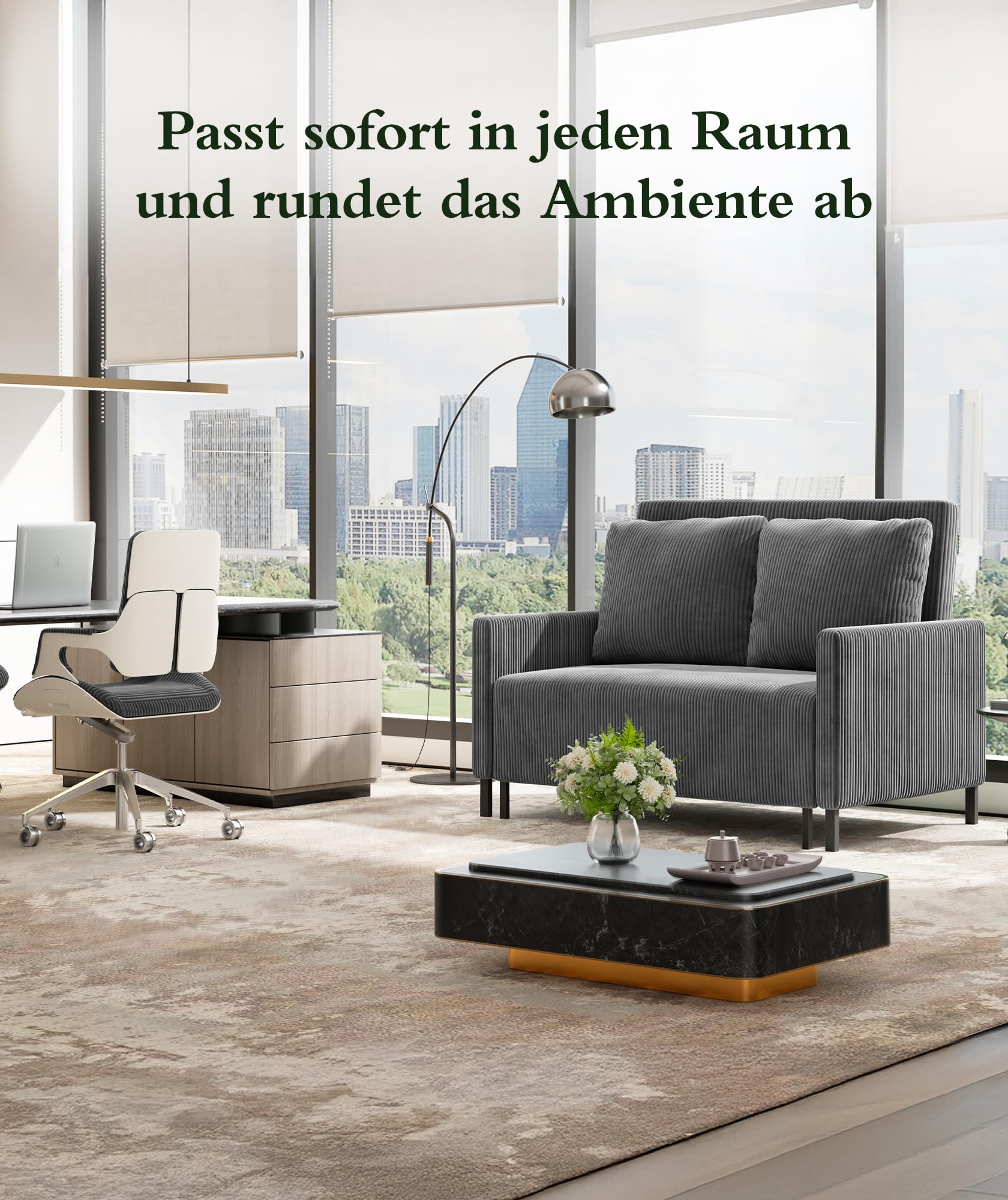 Domusensus Schlafsofa, 120CM Cord Sofa mit Schlaffunktion, 2 Sitzer Sofa | Schlafcouch 53CM Extra Tiefe Sitze, Couch mit schlaffunktion, Klein Sofa 2 Sitzer, Schlafzimmer Sofas fürs Büro 2 Kissen,Grau