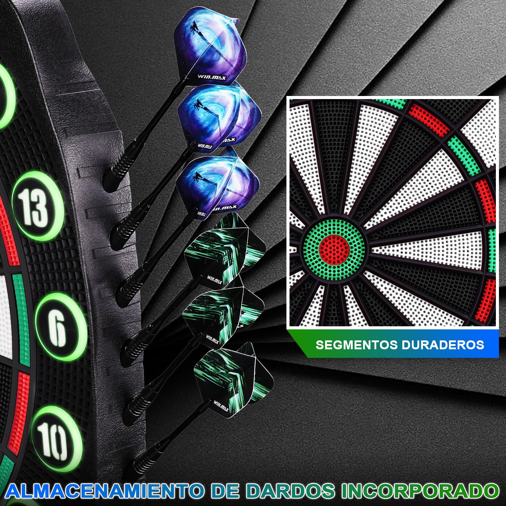 WIN.MAX Juego de Diana Electrónica Profesional 34 Juegos 354 Variantes 3 Idiomas Verde Rojo con Luces
