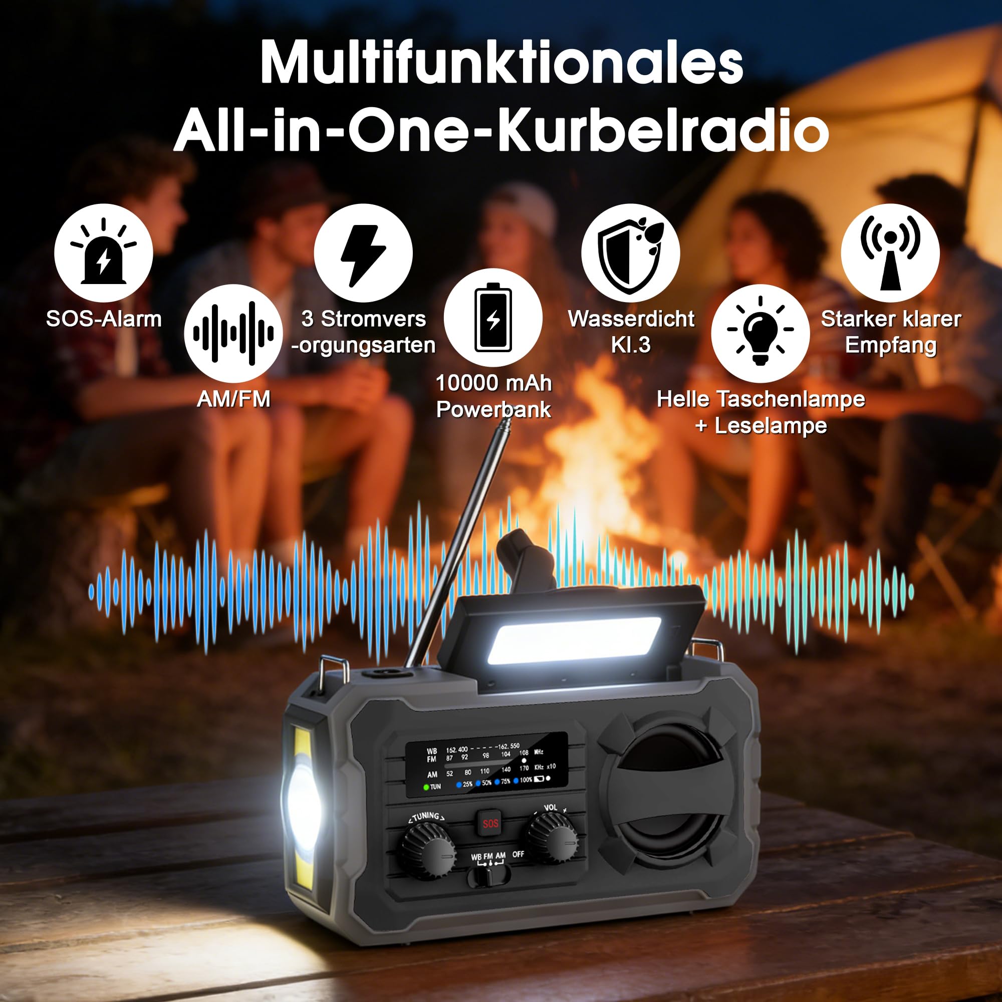 FIVAVA Radio de manivela, radio solar portátil con AM/FM, banco de energía de 10000 mAh, radio de emergencia con alarma SOS, linterna LED, generador de manivela y puerto USB para camping, ourdoor