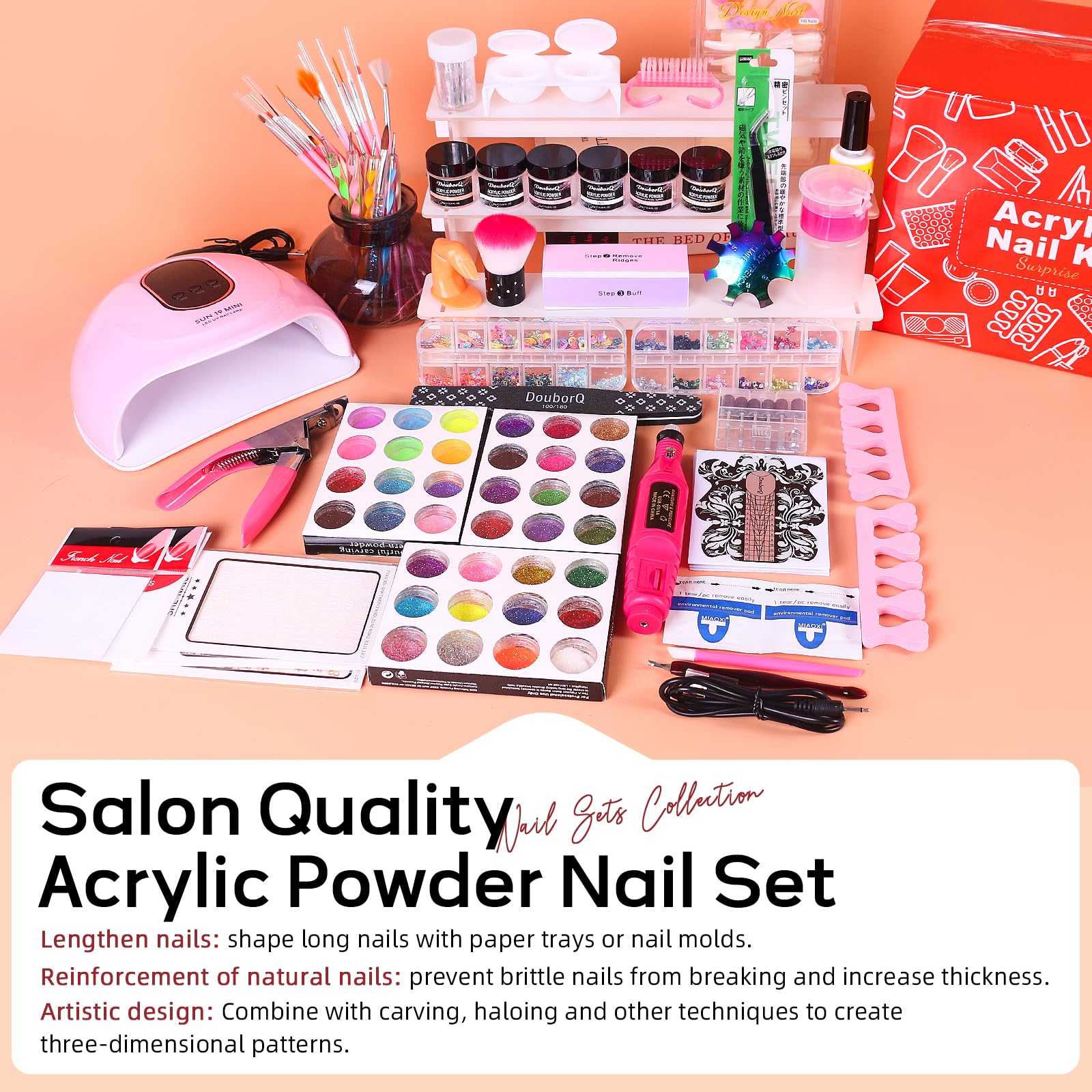 Kit de studio à ongles, poudre acrylique avec liquide acrylique, 30 ml, ponceuse à ongles pour ongles en gel, avec lampe UV pour ongles en gel, kit de nail art, cadeau pour femme