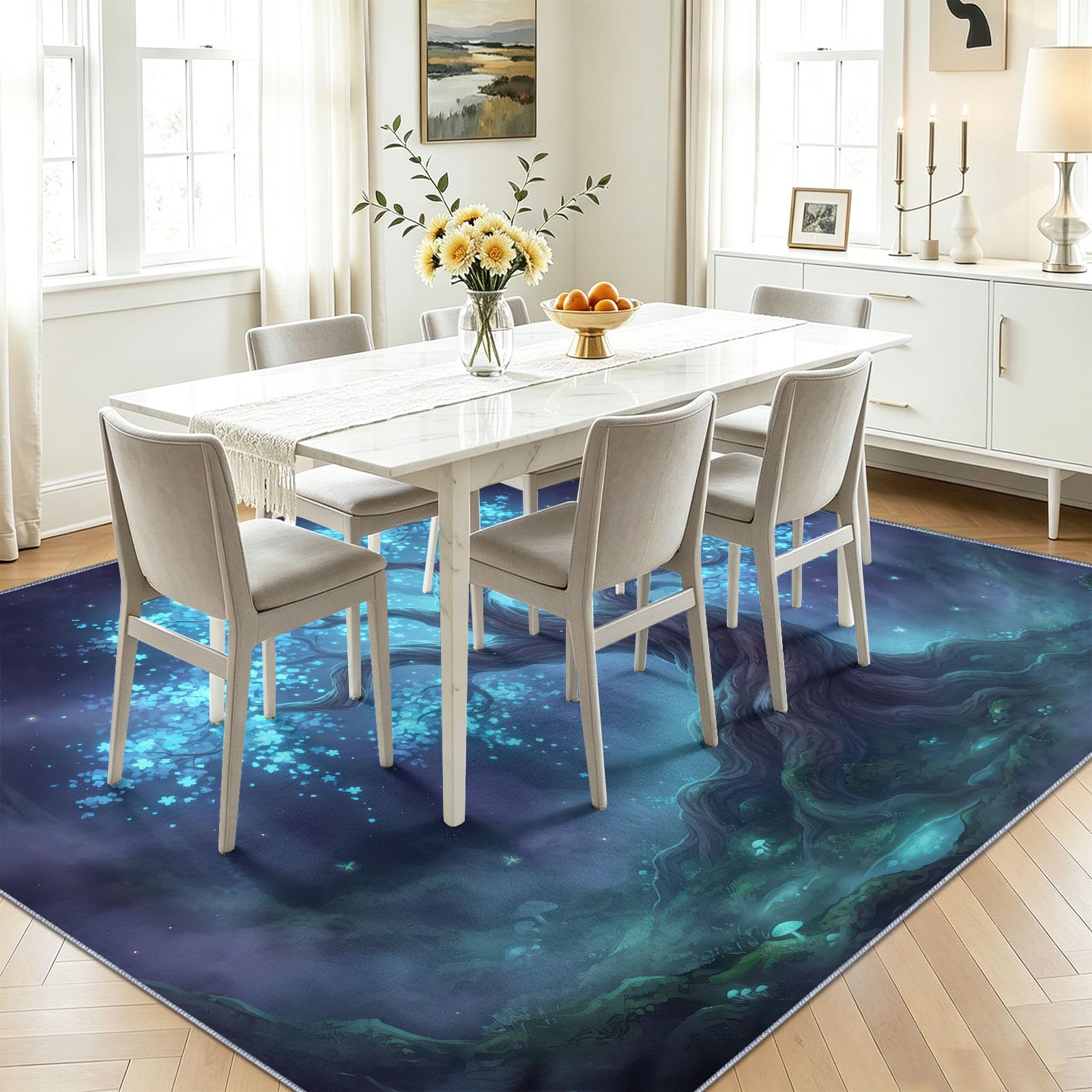 Tapis de Salon 160 x 230 cm, Bleu Onirique Forêt Poil Ras Tapis
