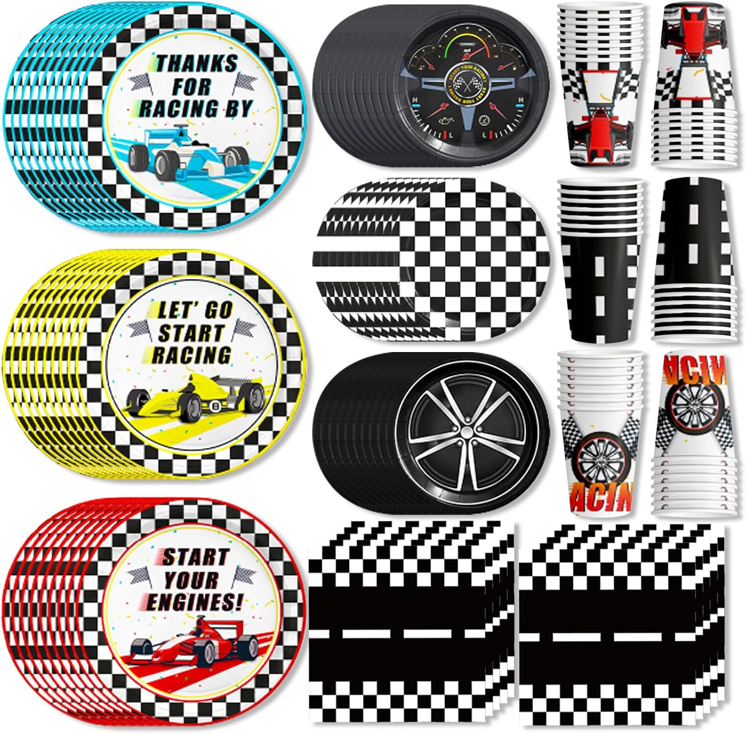 120pcs Race Car Birthday Party Decorations Tableware Racing Car Party Decorations Checked Race Car Theme Birthday Plates Napkins and Cups for Racing Party Supplies Serve 30
