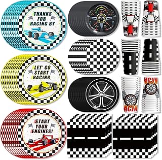 120pcs Race Car Birthday Party Decorations Tableware Racing Car Party Decorations Checked Race Car Theme Birthday Plates Napkins and Cups for Racing Party Supplies Serve 30