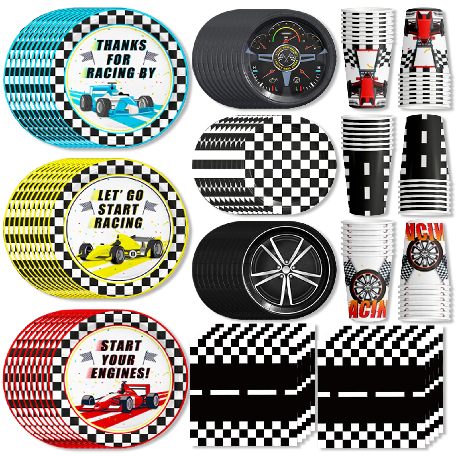 120pcs Race Car Birthday Party Decorations Tableware Racing Car Party Decorations Checked Race Car Theme Birthday Plates Napkins and Cups for Racing