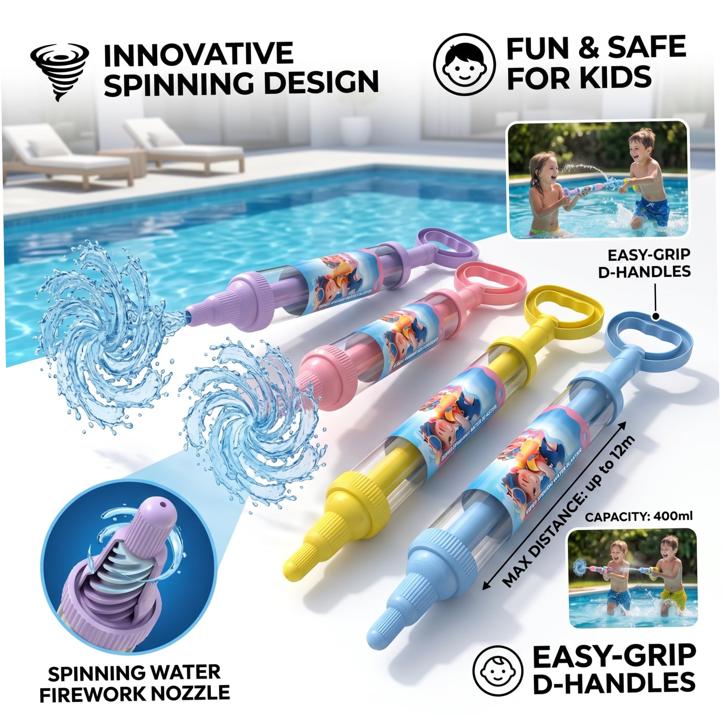 Pistola ad Acqua per Fuochi d'Artificio per Bambini 4 Pezzi Pistola ad Acqua per Fuochi d'Artificio per Bambini Giocattolo con Spruzzi Rotanti a 3 Strati Capacità di 400 ml Giocattolo da Est