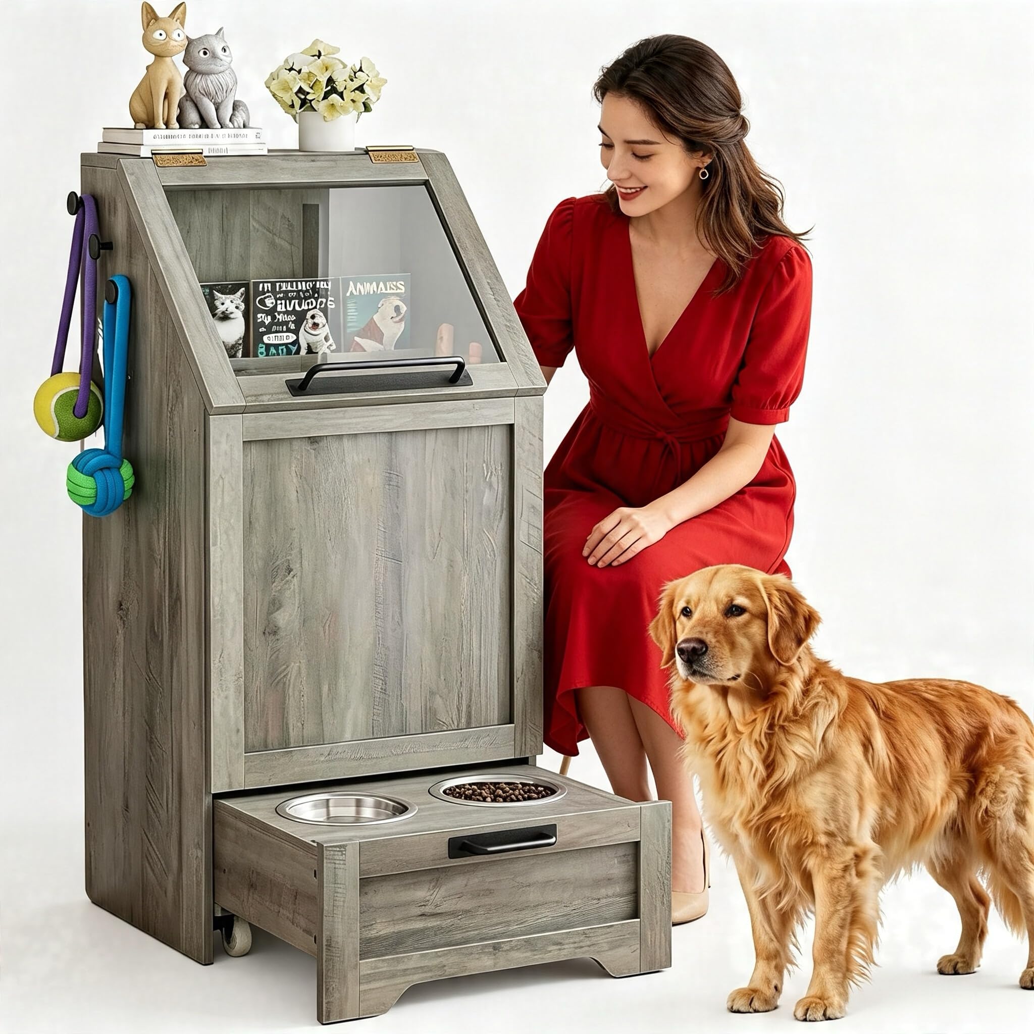 Comedero multifuncional para perros con armario de almacenamiento, cuencos elevados de acero inoxidable y ganchos para accesorios – Comedero de madera para perros y gatos para cocina o comedor
