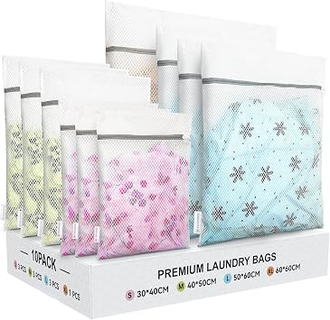 10 PCS Mesh Laundry Bags for Delicates with Zipper, Laundry Bags for Washing Machine, Travel Storage Bags, Wash Bags for Underwear, Tshirts, Jacket, Coat, Blanket, Quilt 3S+3M+3L+1XL, White