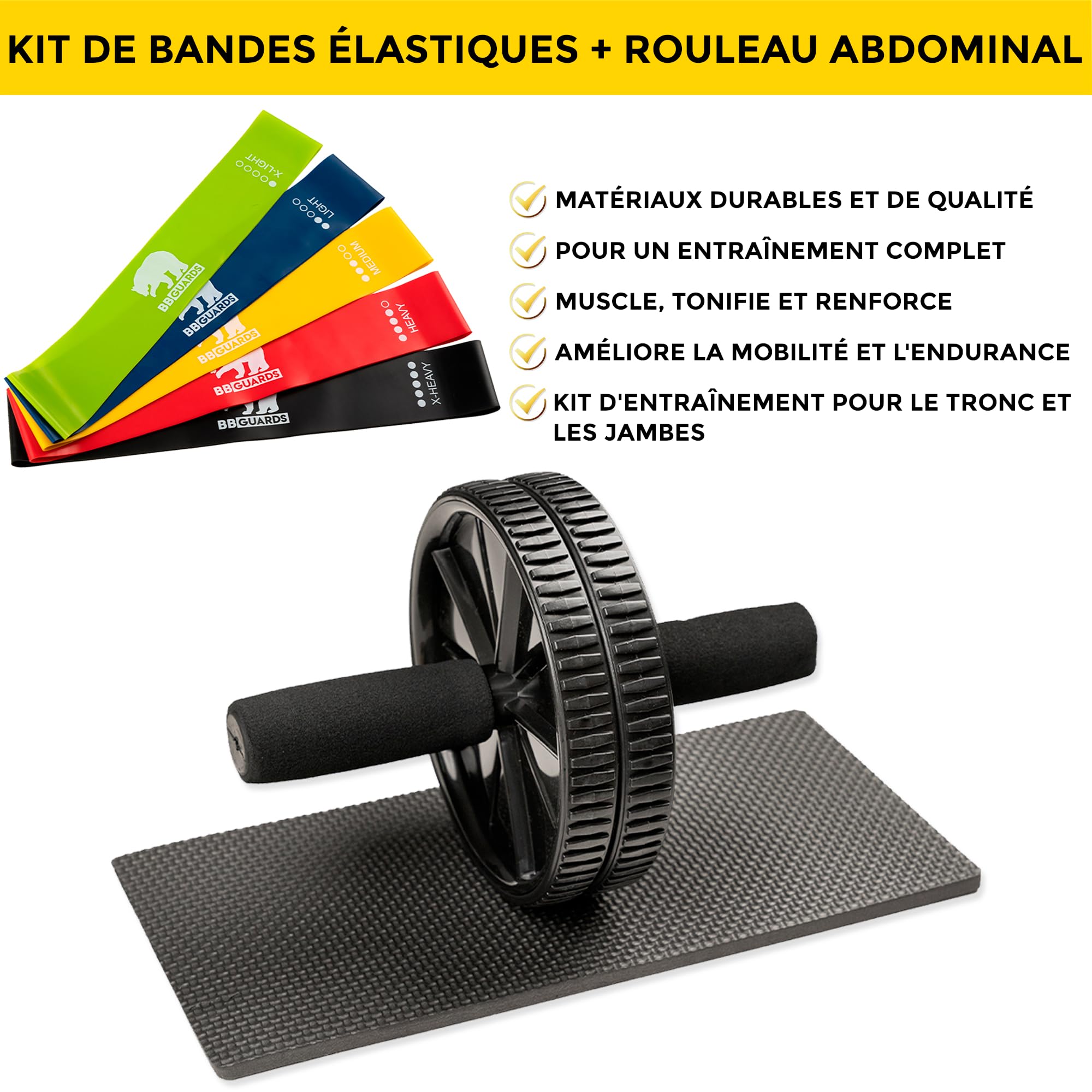 Sangles de suspension (fixation murale et de porte incluse), roulette abdominaux et bande élastique musculation. Appareil de musculation avec roue abdominale, bande élastique et sangle suspension