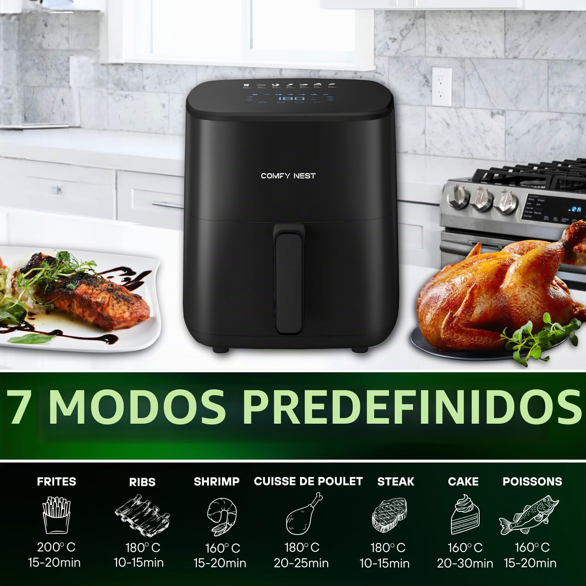 Comfy Nest, Freidora de Aire Caliente 5L con Pantalla Digital 1400W, Tecnología Rapid Air, 10 Programas Preestablecidos, Control de Temperatura 80-200°C, Negra, Cocina Sana y Cómoda, Freidora de Aire