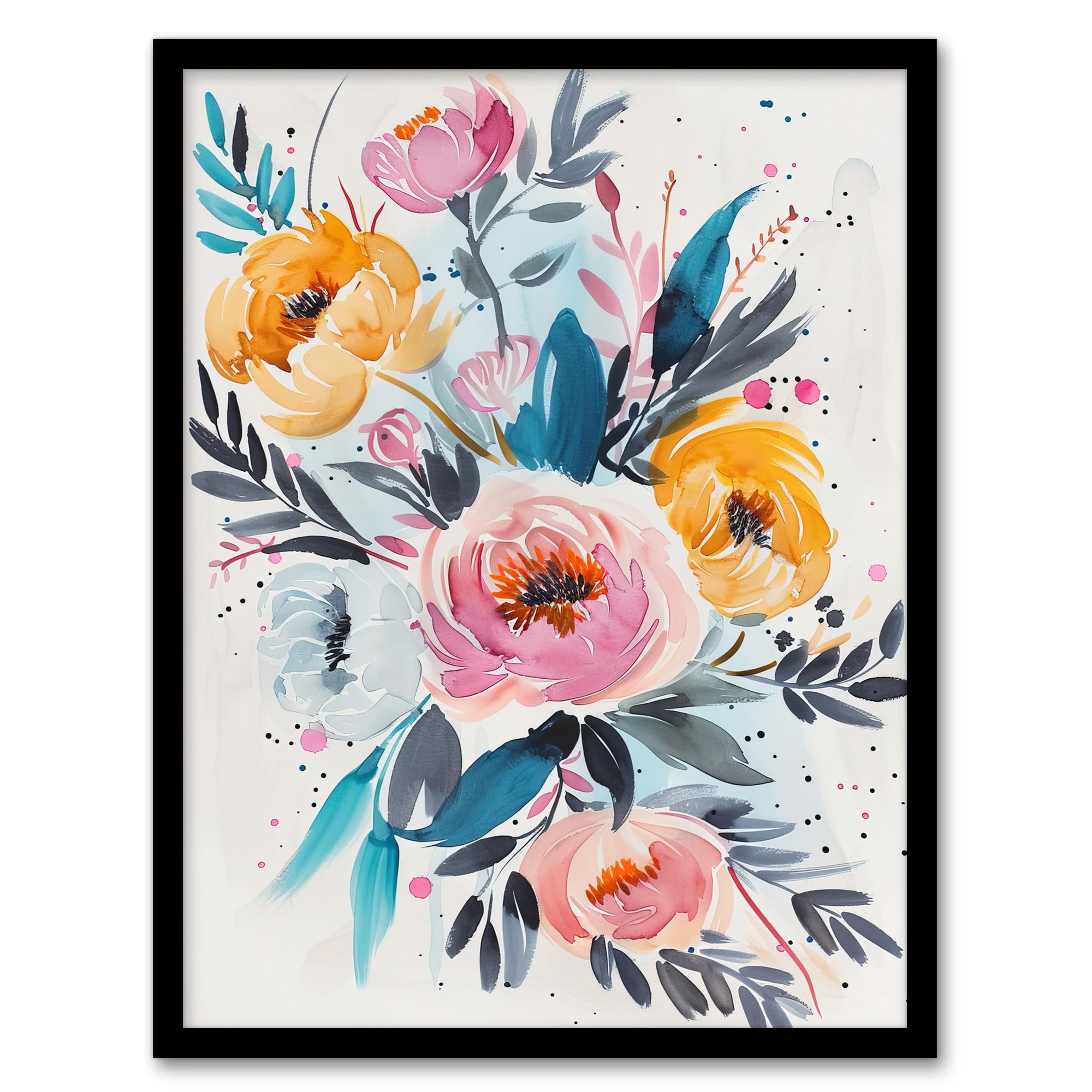 Artery8 Elegant Peony Flower Bouquet Floral Watercolour Living Room Artwork Framed Wall Art Print 18X24 Inch