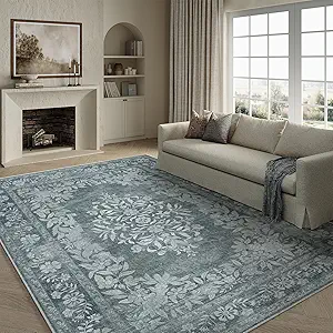 6x9 Area Rug Gray Washable Vintage Distressed Living Room Carpet Large Bedroom Indoor Medallion Floral Non Slip Retro Throw Floor Mat for Office Dining Room Kitchen Bathroom